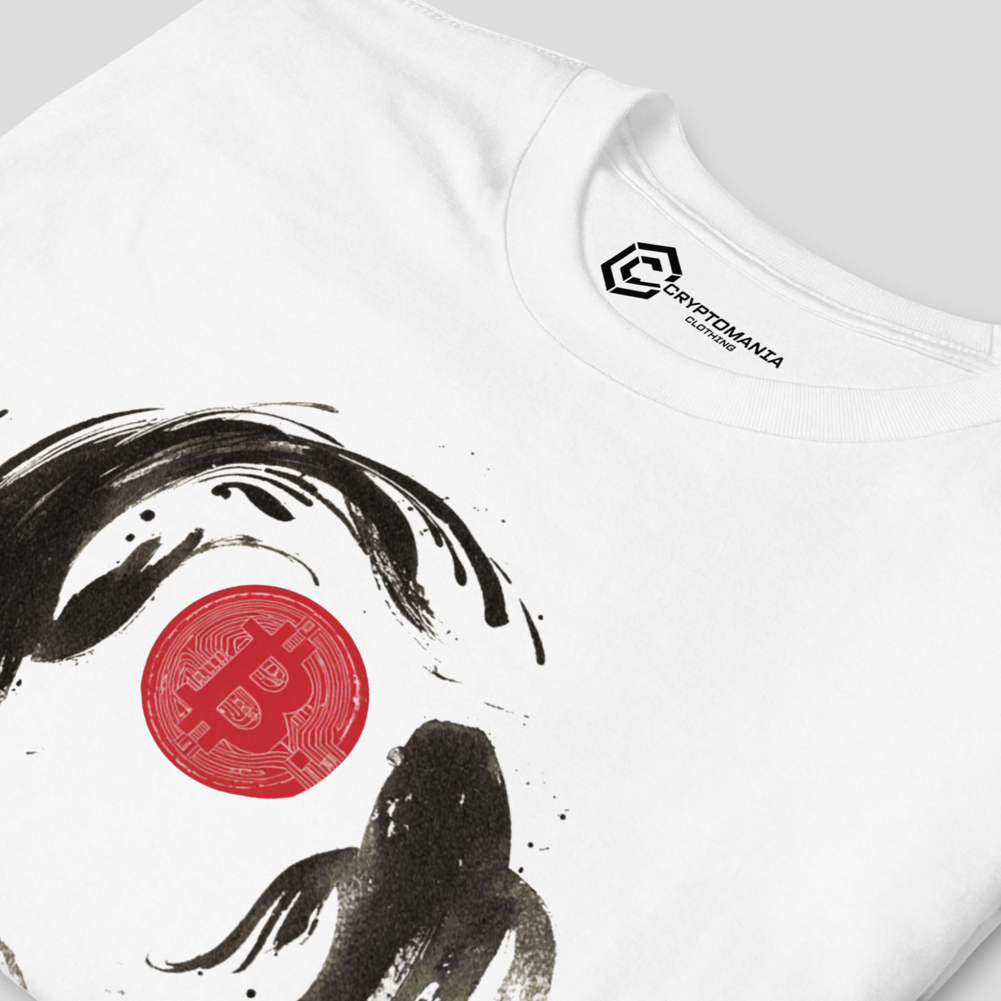 Detailed of bitcoin inspired Japanese koi fish on white crypto t-shirt