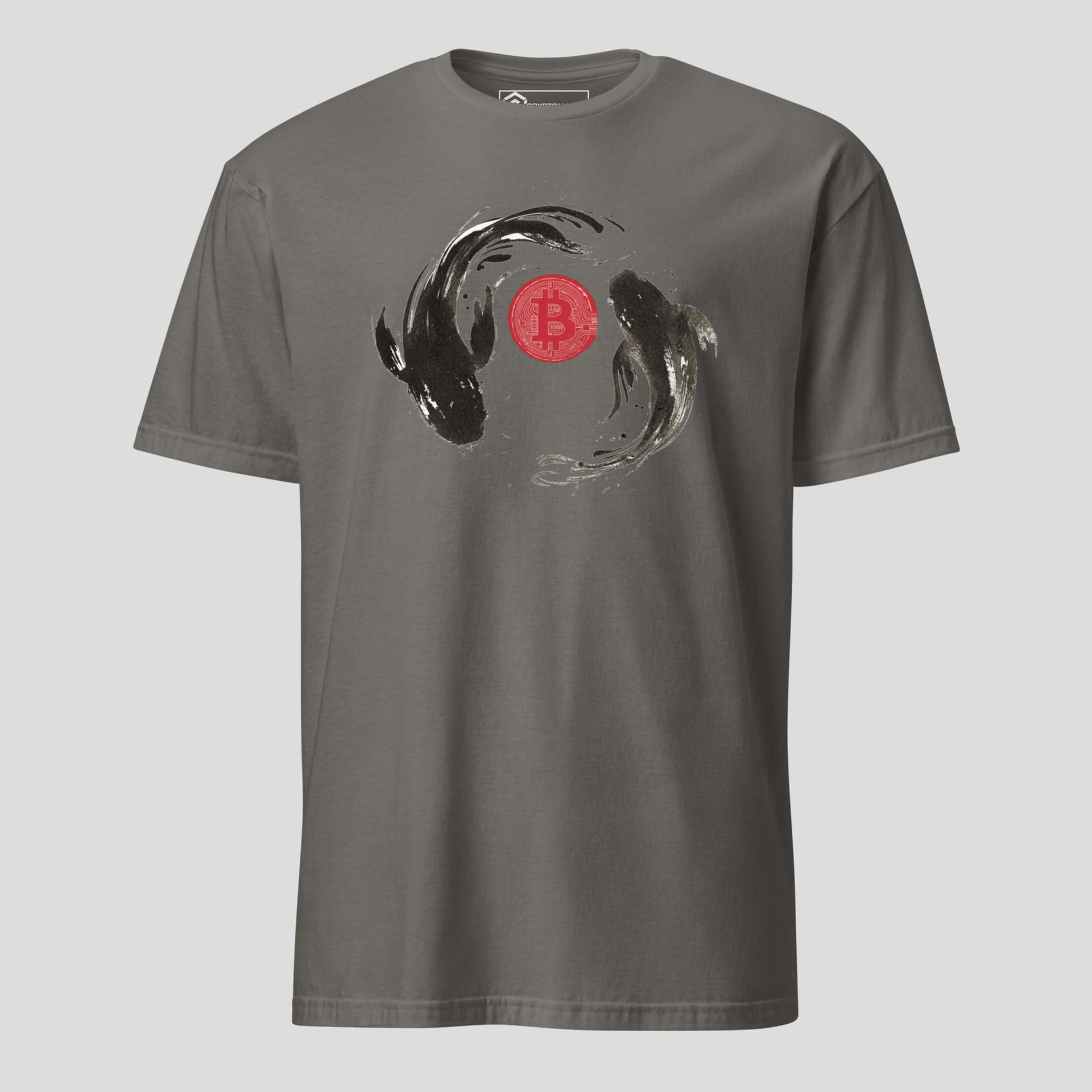 Gray bitcoin BTC t-shirt with Japanese torii gate and koi-inspired crypto design