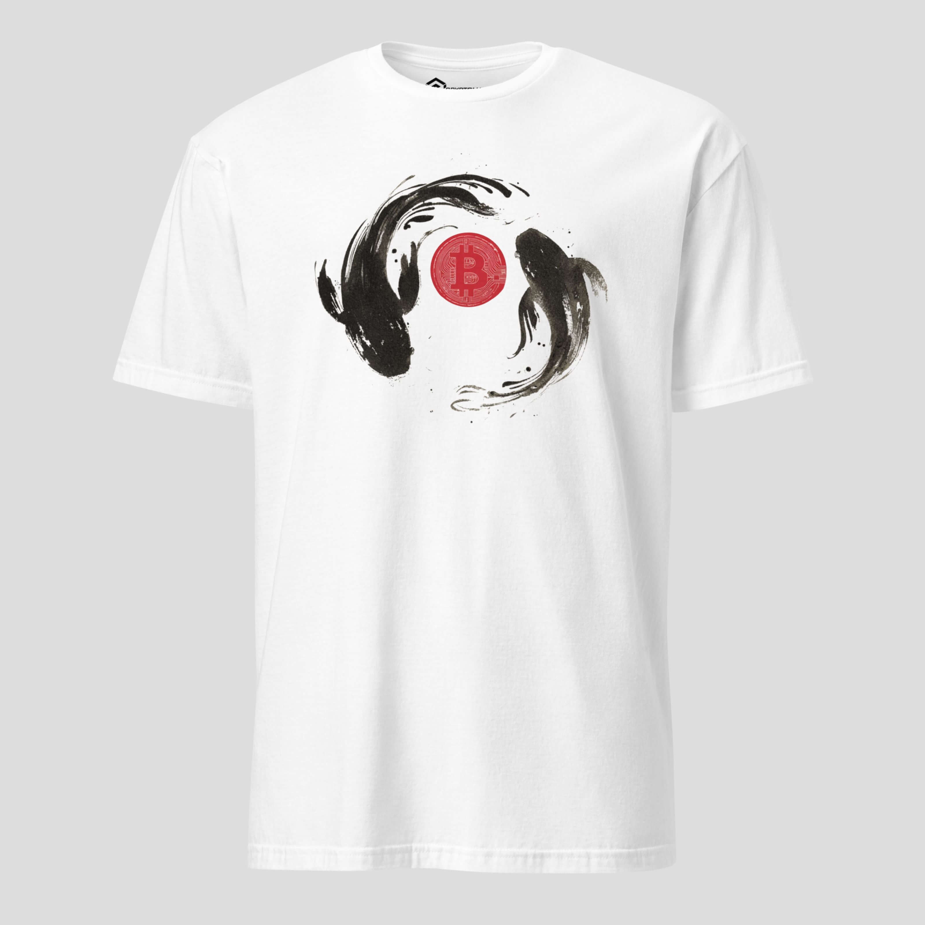 White cotton bitcoin BTC t-shirt with crypto inspired Japanese koi fish design