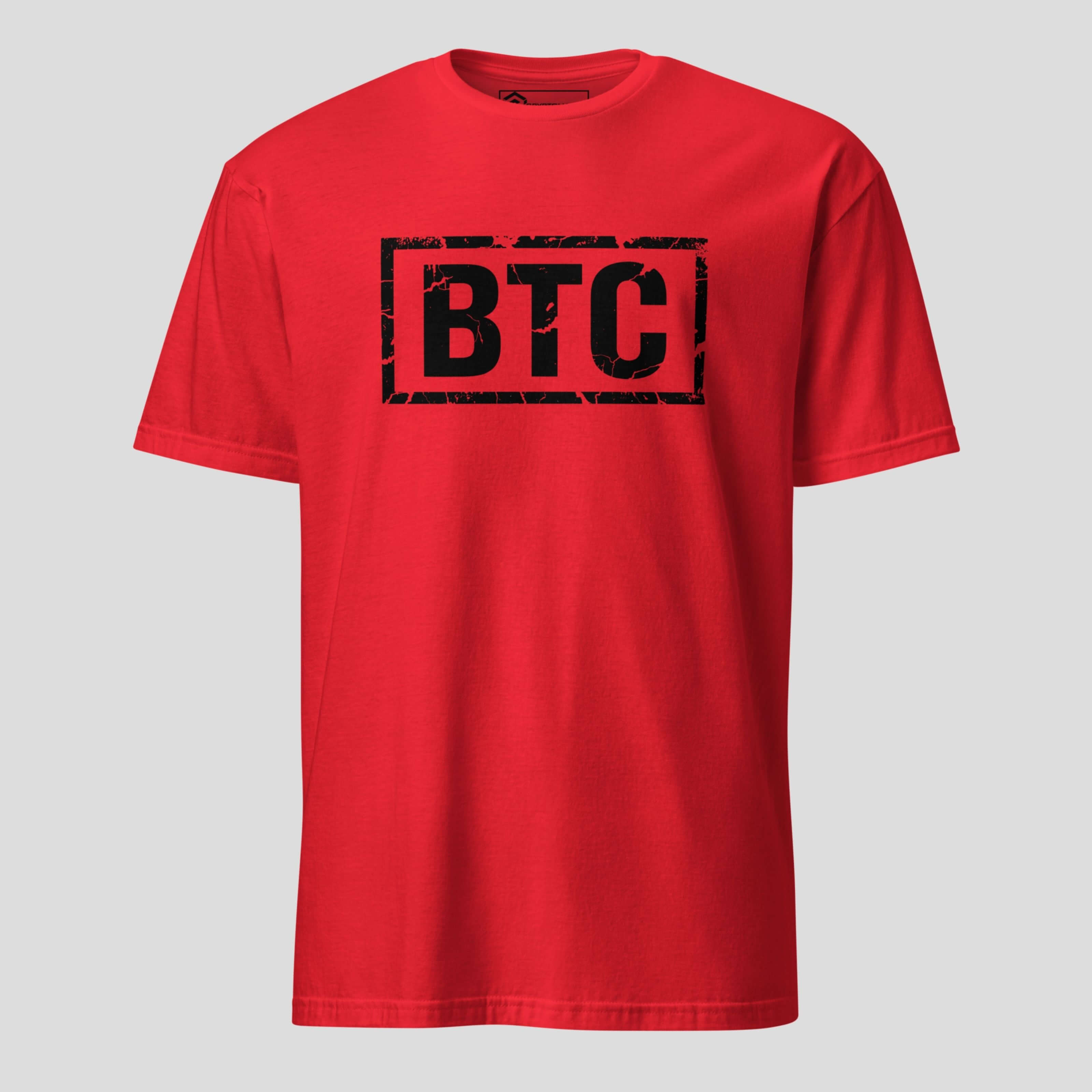 Red Bitcoin BTC t-shirt with distressed logo print, unisex crypto apparel