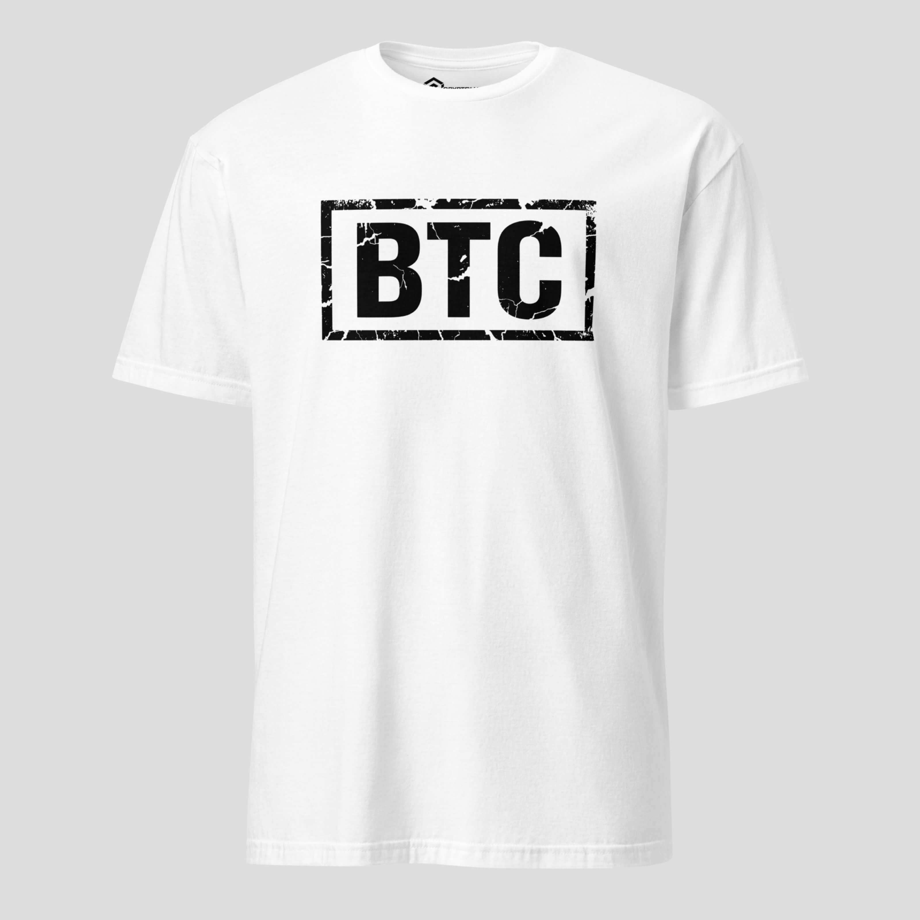 White Bitcoin BTC t-shirt featuring clean logo design, everyday crypto streetwear