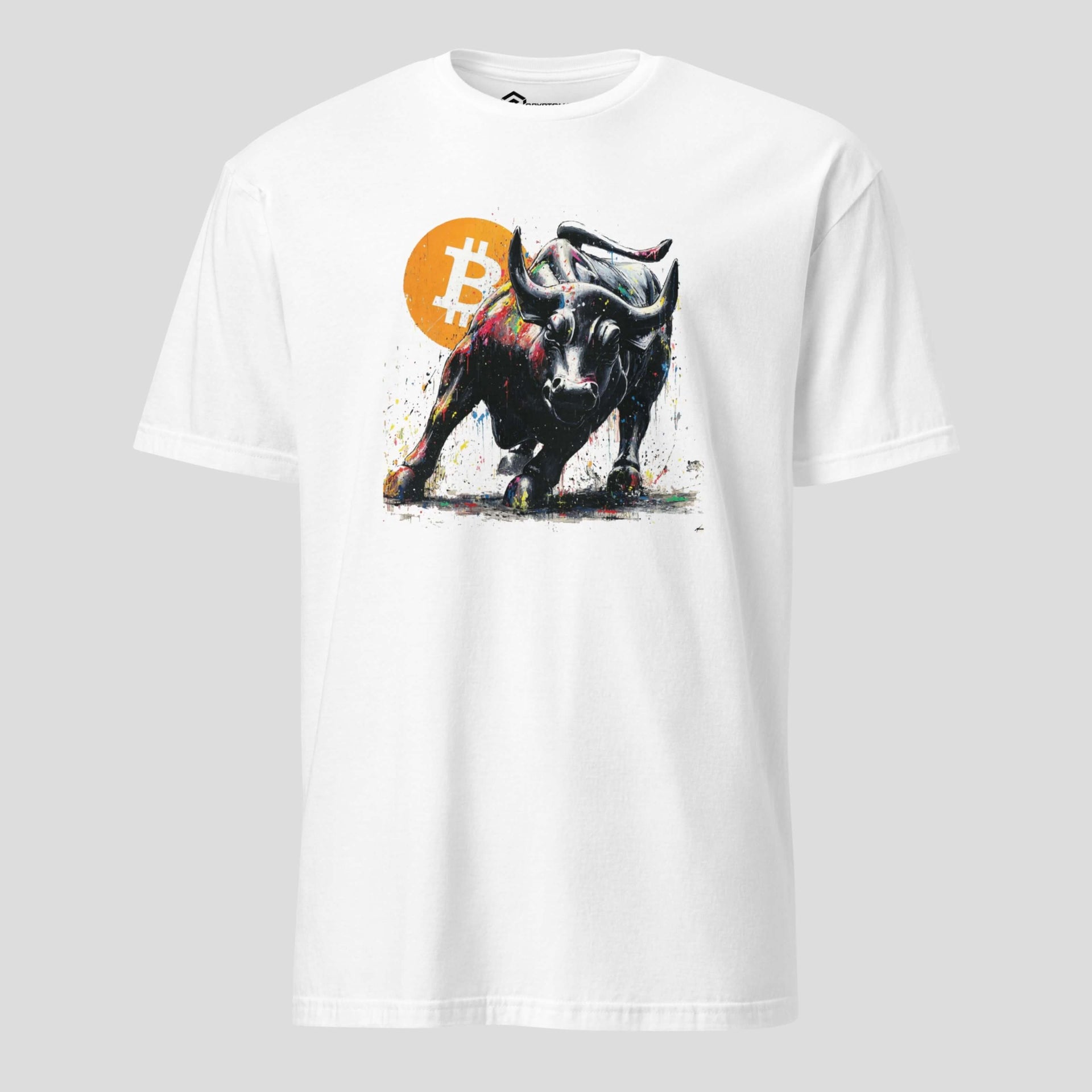 Bitcoin bull run crypto t-shirt with charging bull artwork and bitcoin symbol for traders