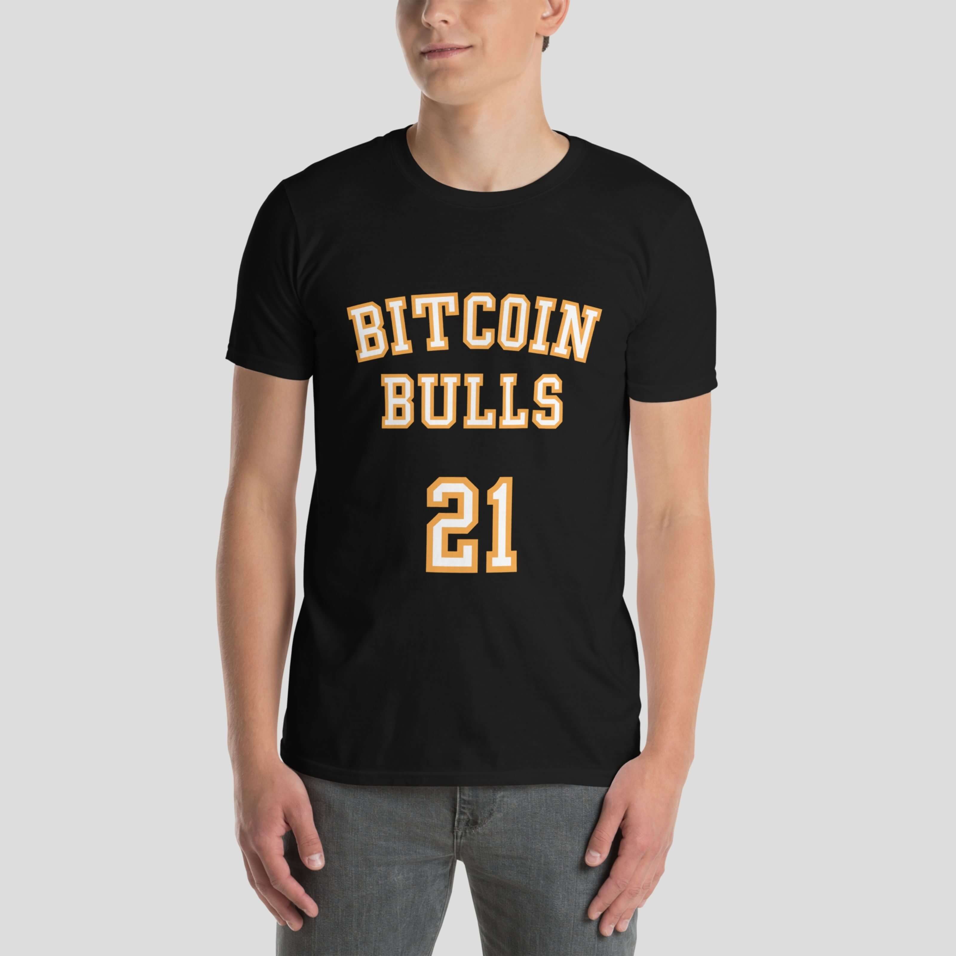 Bitcoin Bulls 21 t-shirt worn by model crypto fashion streetwear