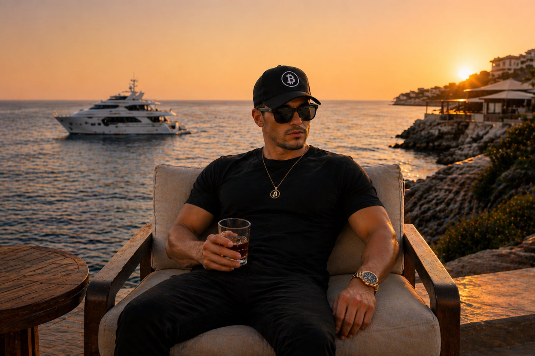 man wearing black bitcoin cap at luxury seaside sunset lifestyle crypto streetwear look