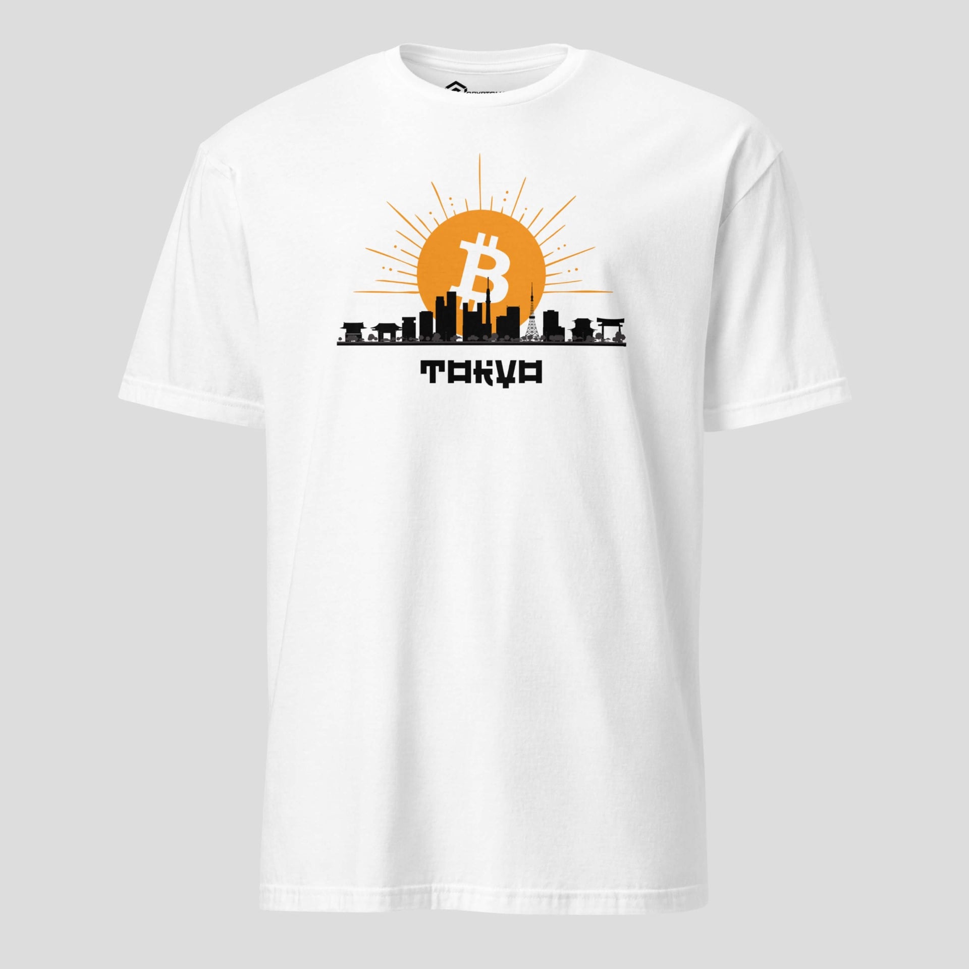 Bitcoin sunrise skyline crypto t-shirt on white fabric