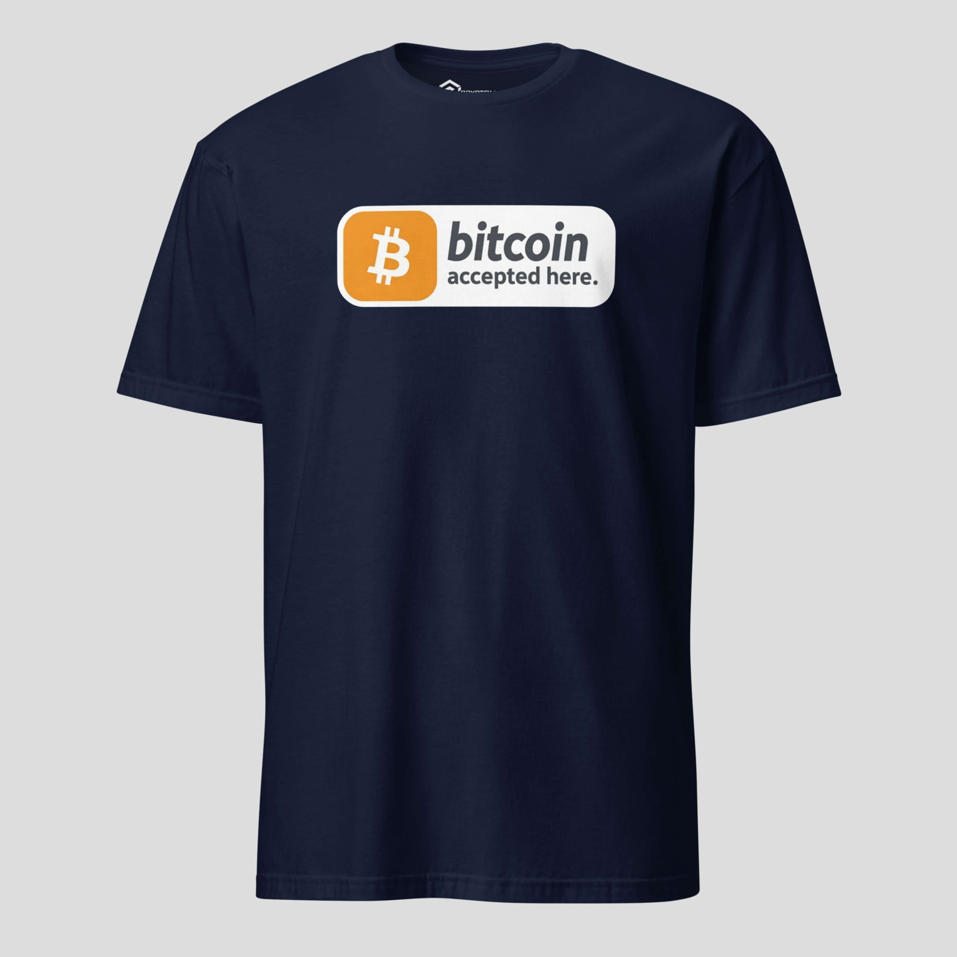 Navy minimal bitcoin button graphic shirt for crypto holders