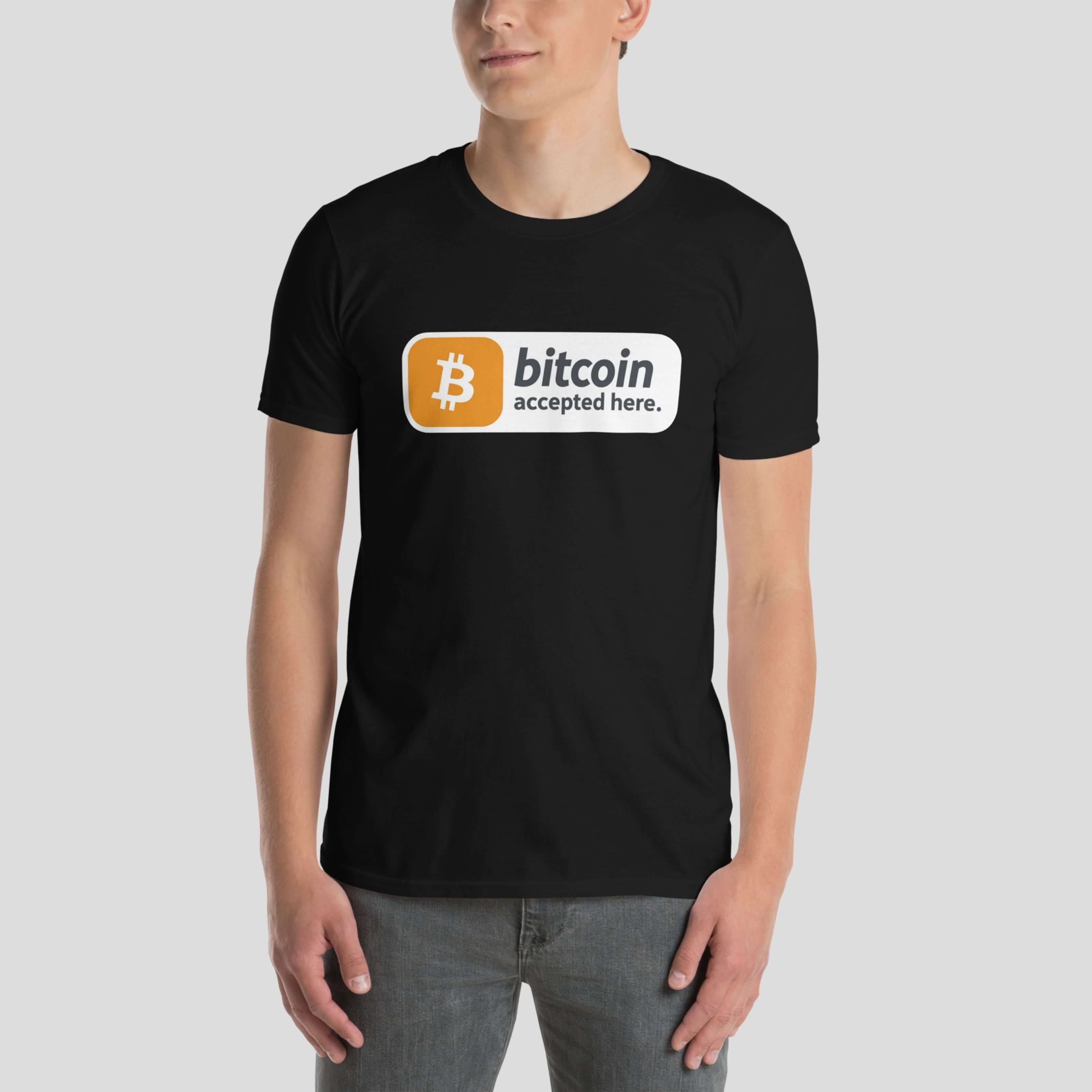 Male model wearing a black bitcoin accepted here tee