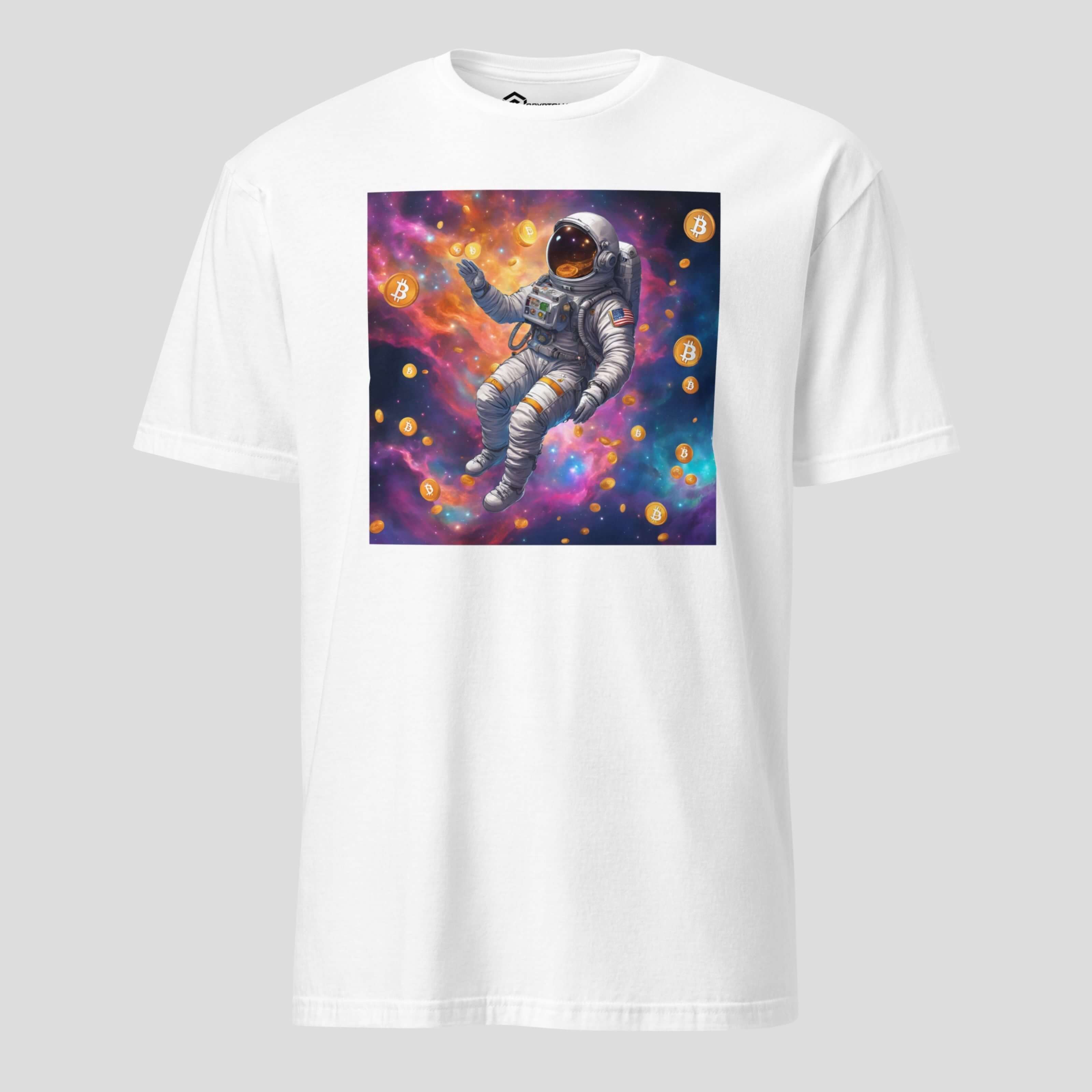 White bitcoin cosmic drift t-shirt front view