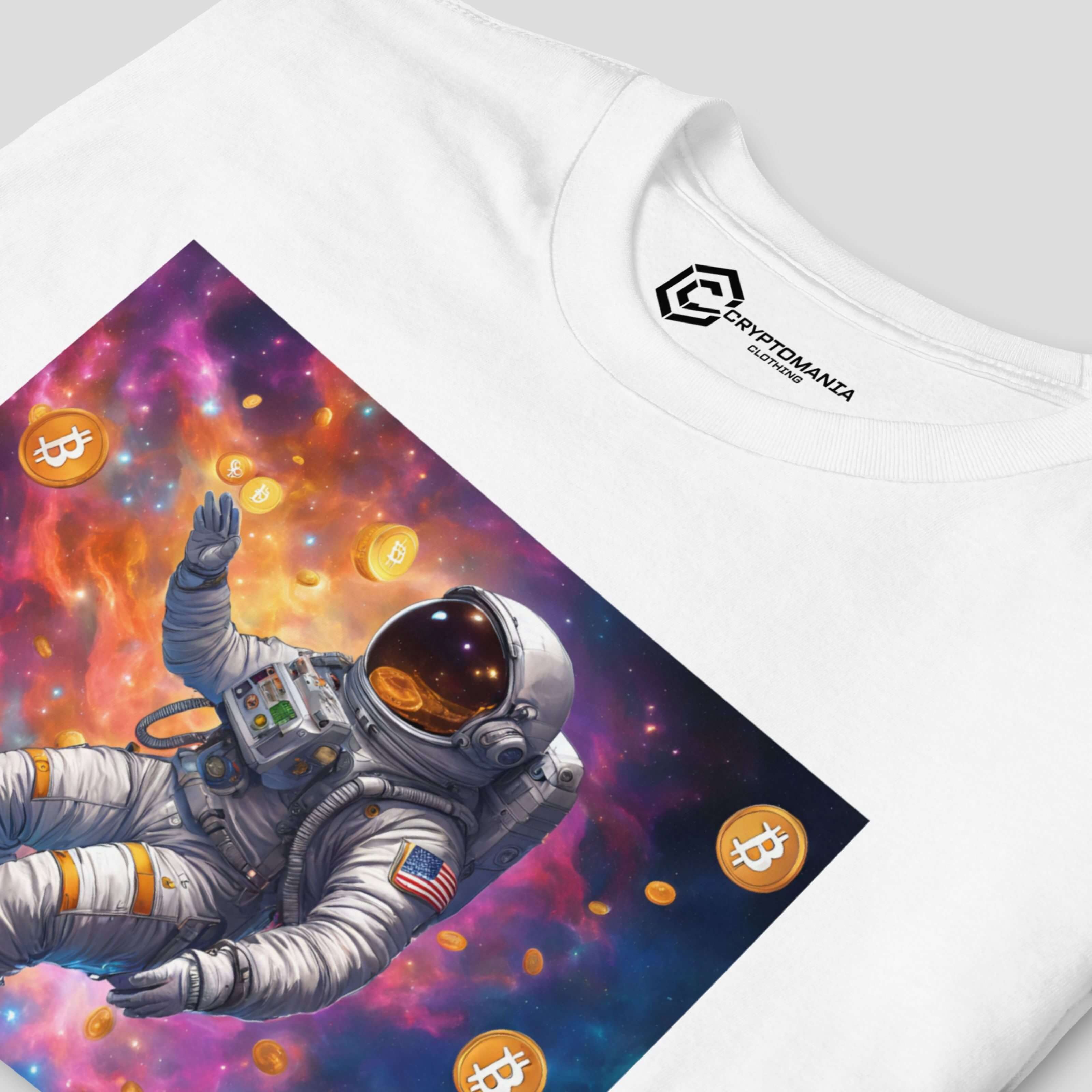 Close-up of bitcoin astronaut galaxy print detail