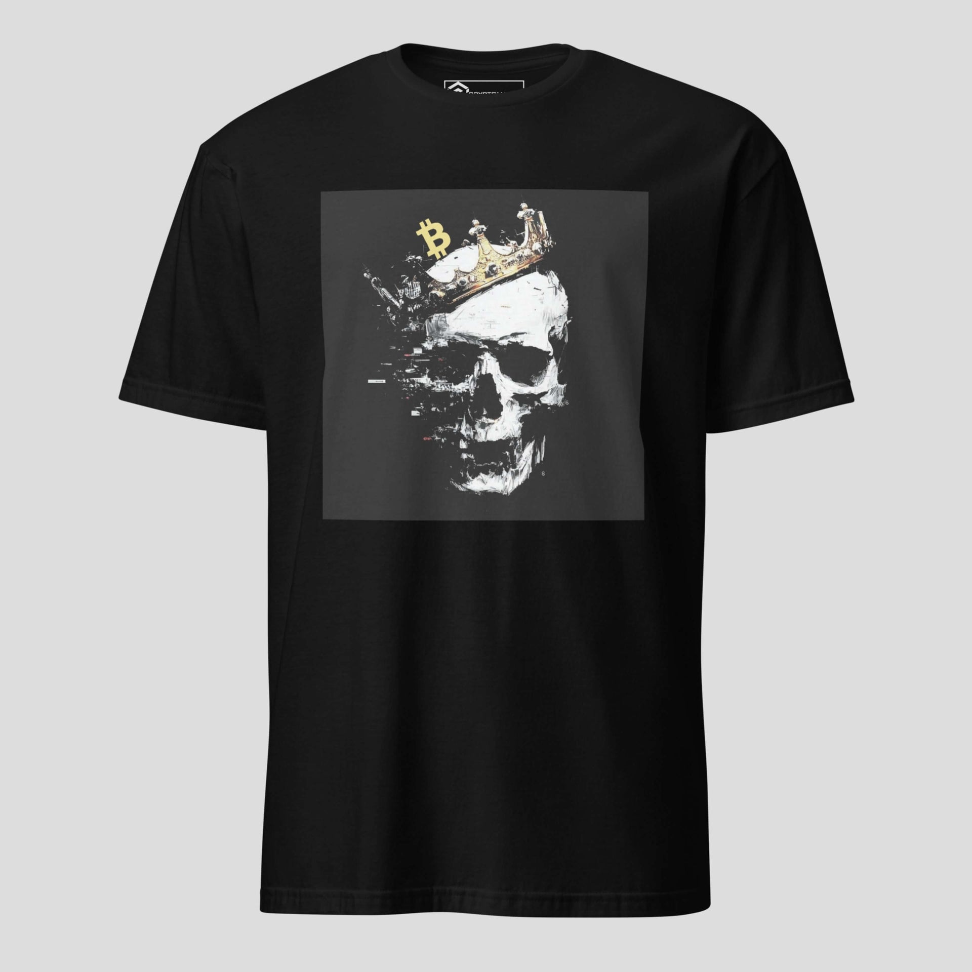 Black bitcoin crown skull t-shirt with bold crypto streetwear design