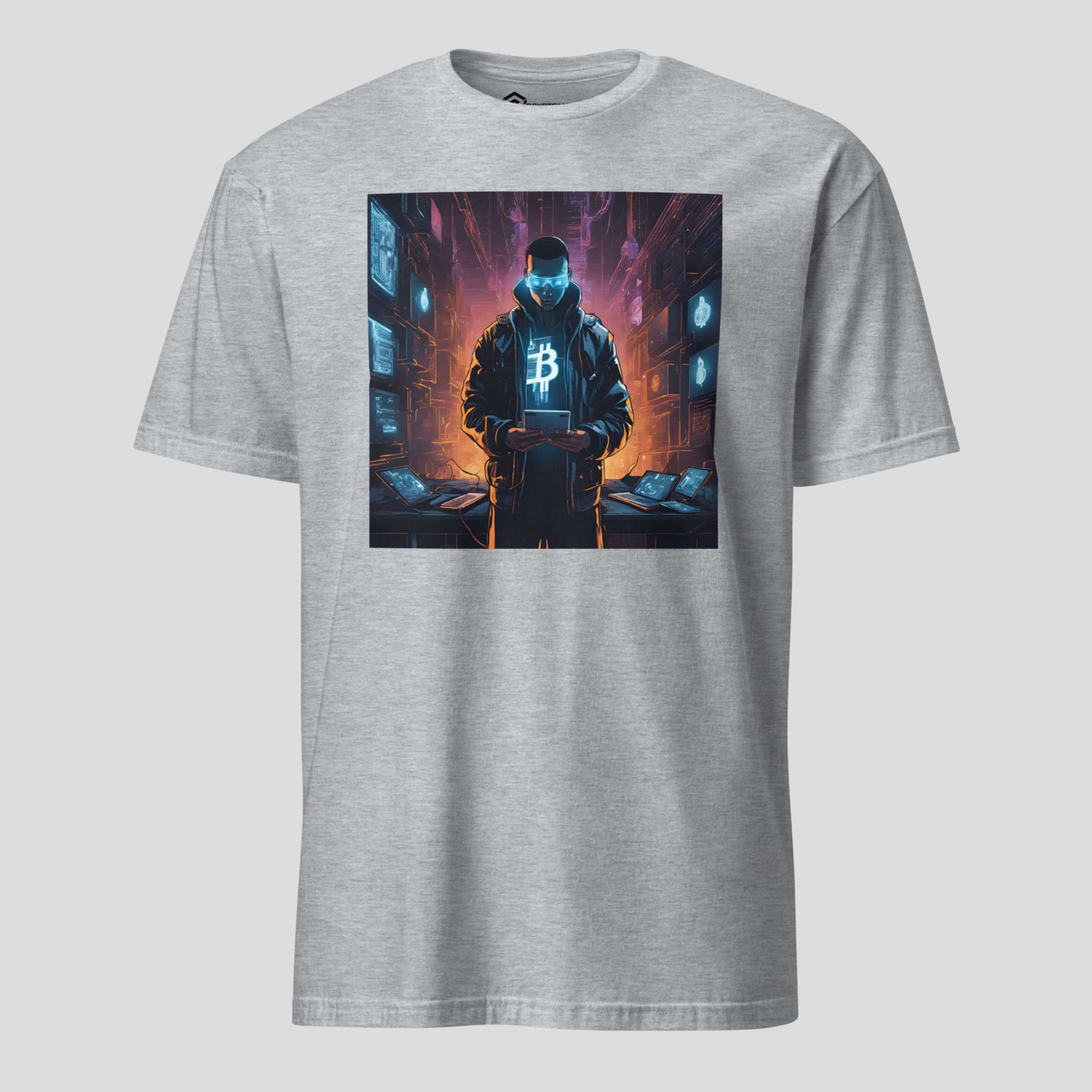Grey Bitcoin cyberpunk design t-shirt with futuristic blockchain artwork