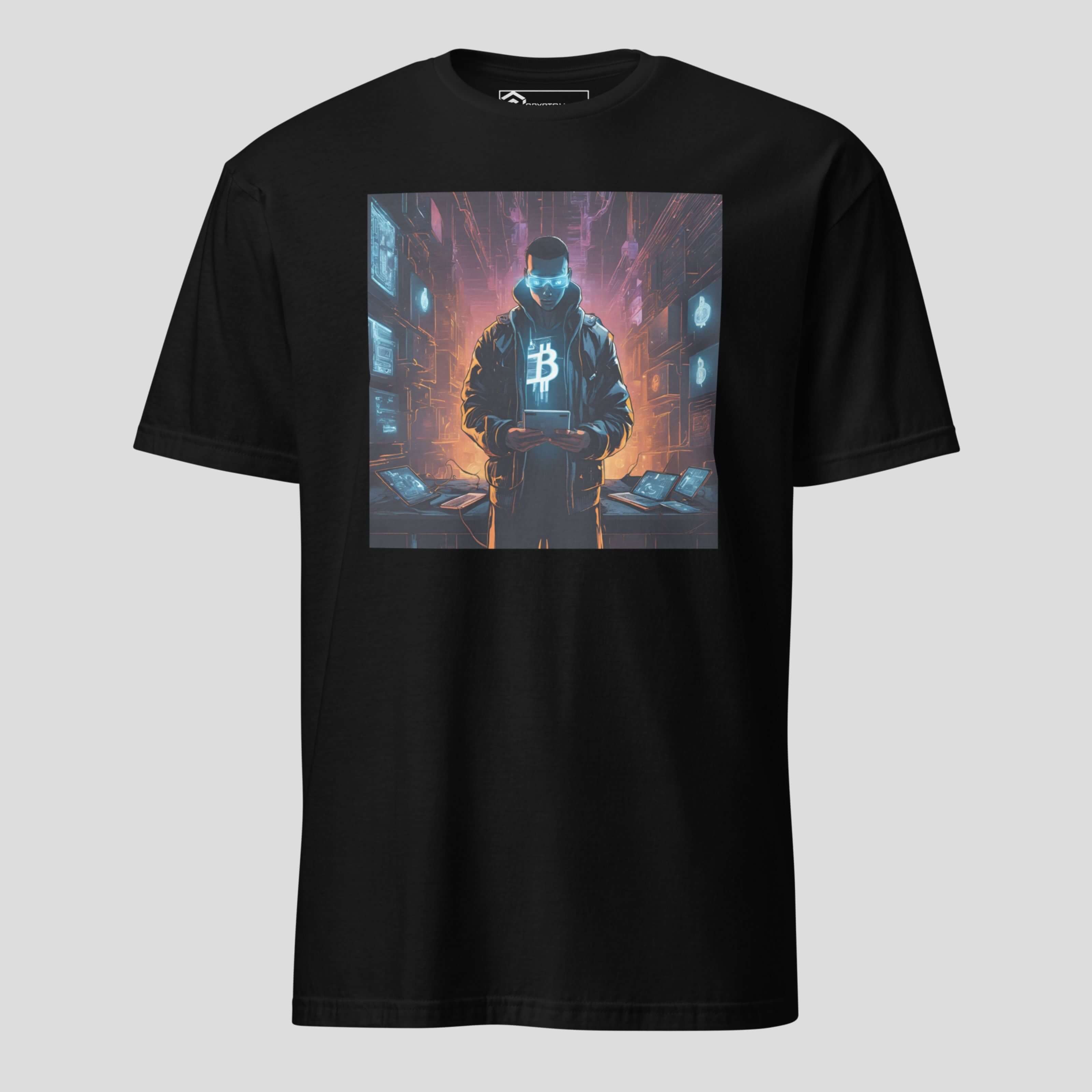 Black bitcoin cyberpunk design crypto t-shirt front view
