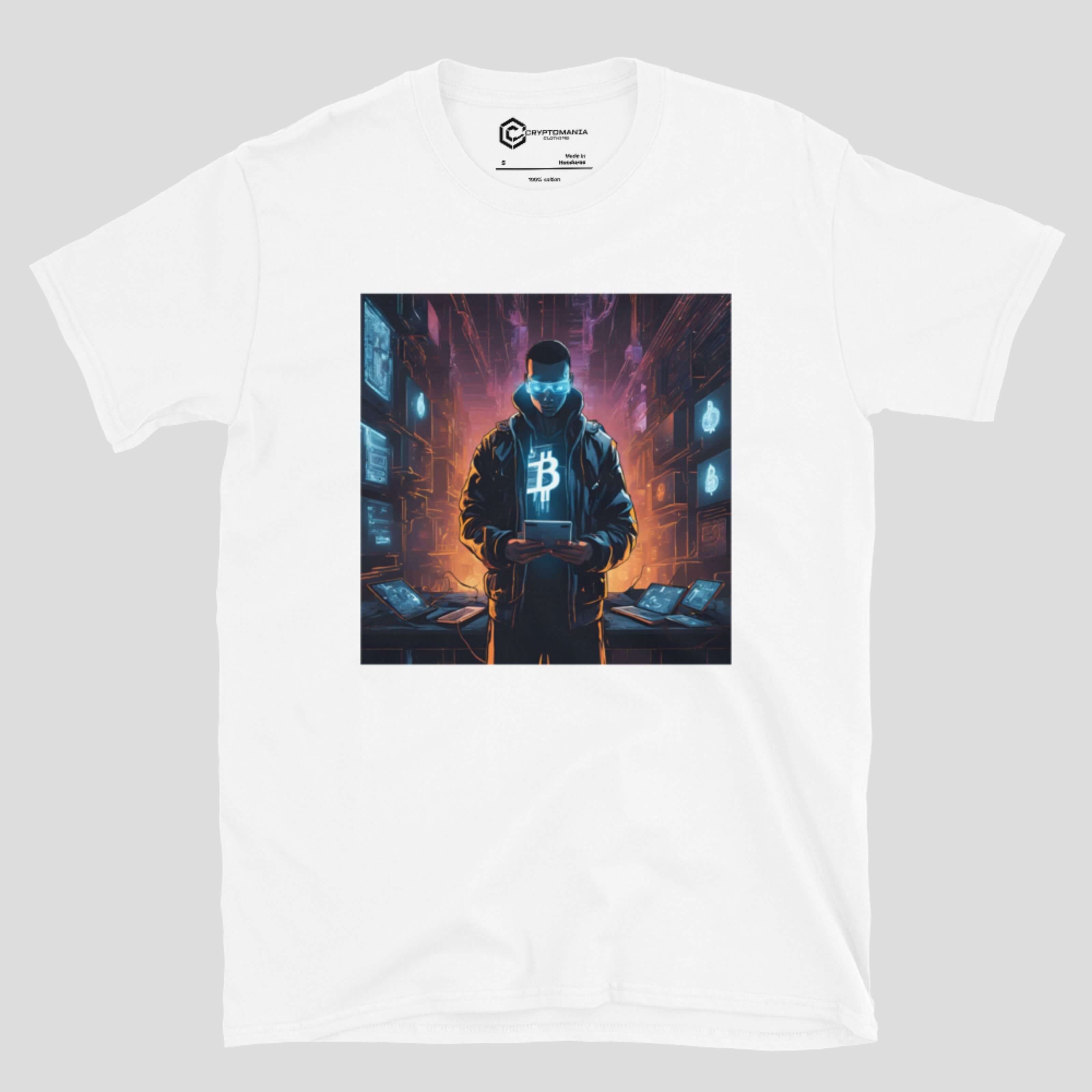 White bitcoin cyberpunk design t-shirt with digital crypto design