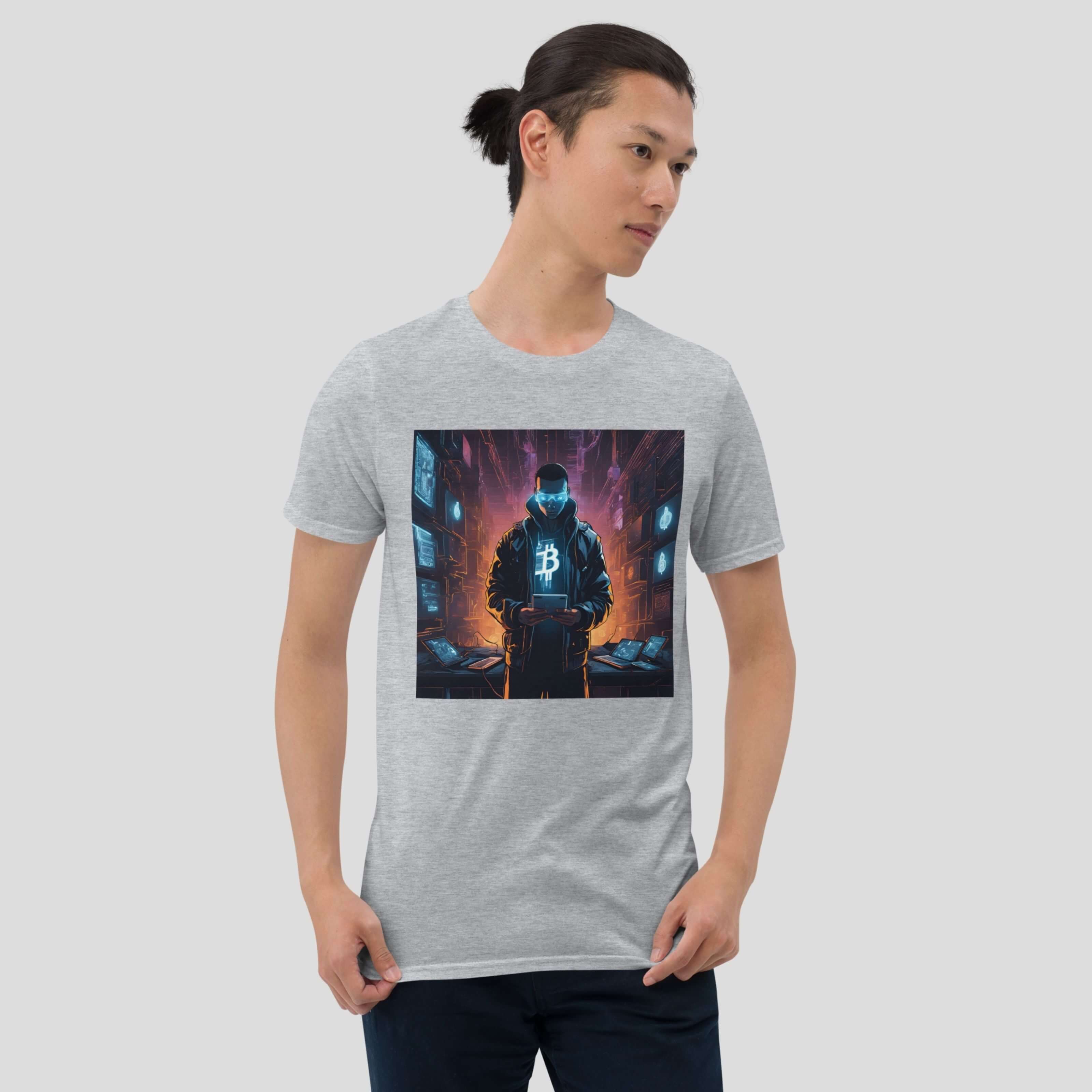 Model wearing grey bitcoin cyberpunk design graphic t-shirt