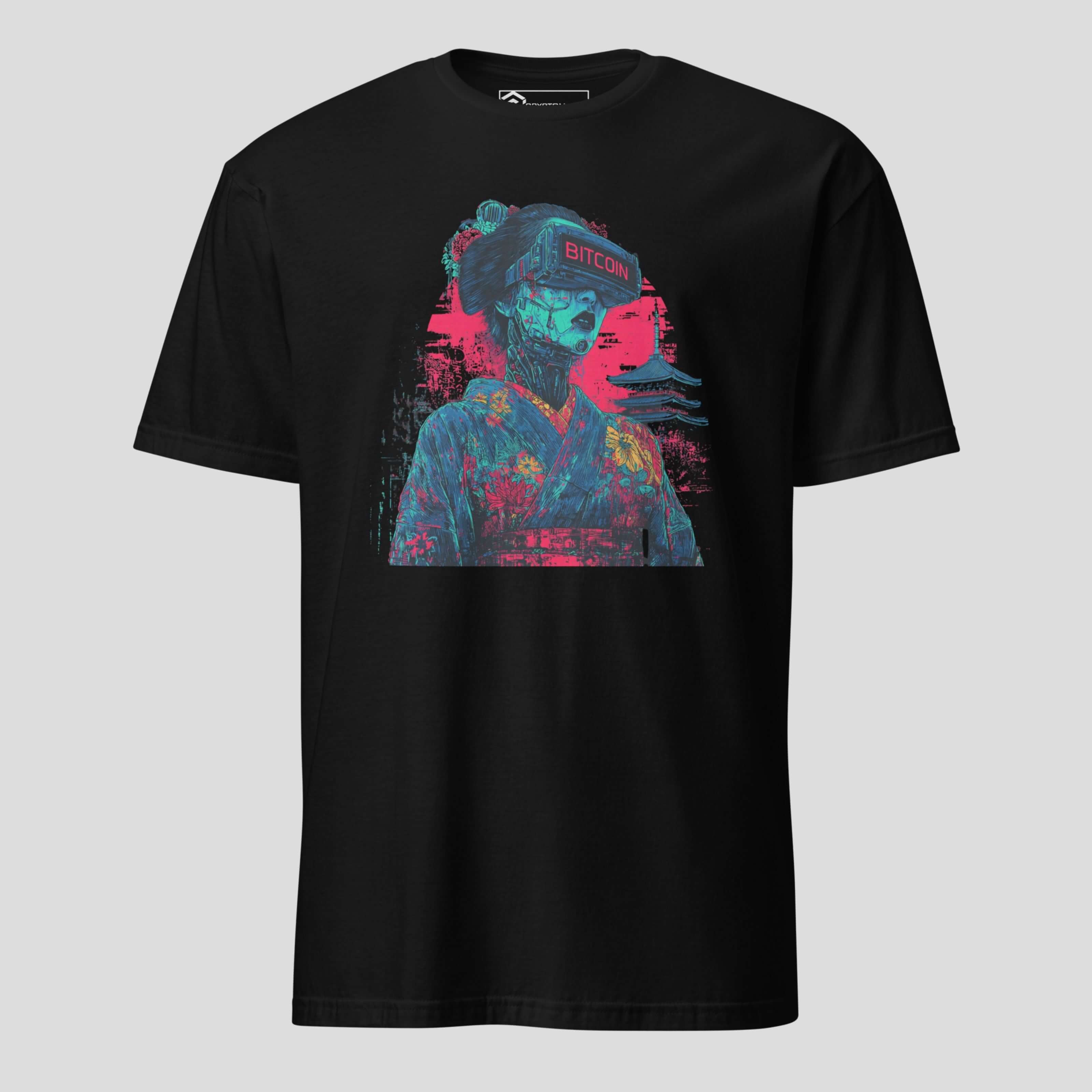 Black japanese future crypto streetwear t-shirt featuring geisha and pagoda background