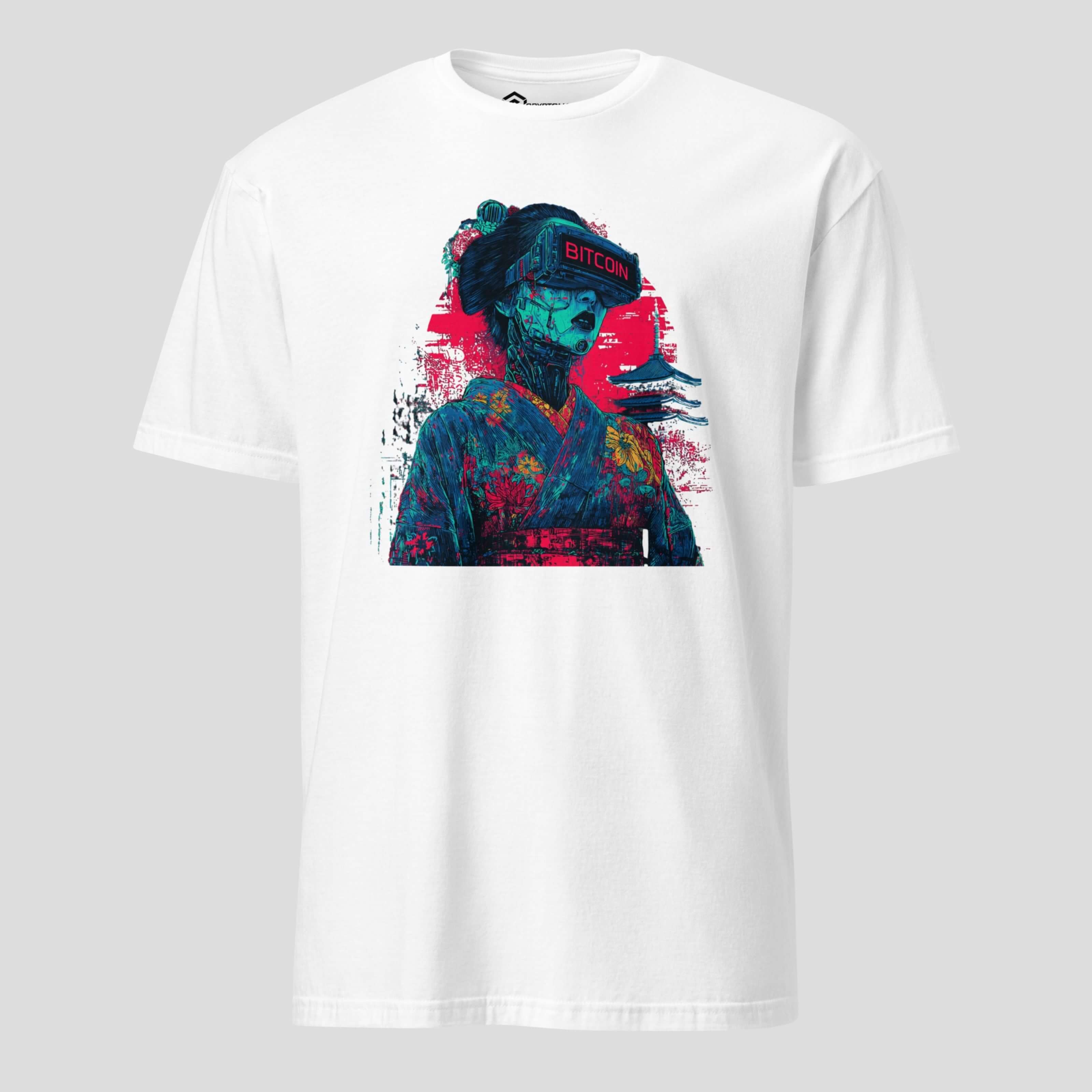 Cyberpunk geisha white bitcoin t-shirt with VR headset and Japanese scenery