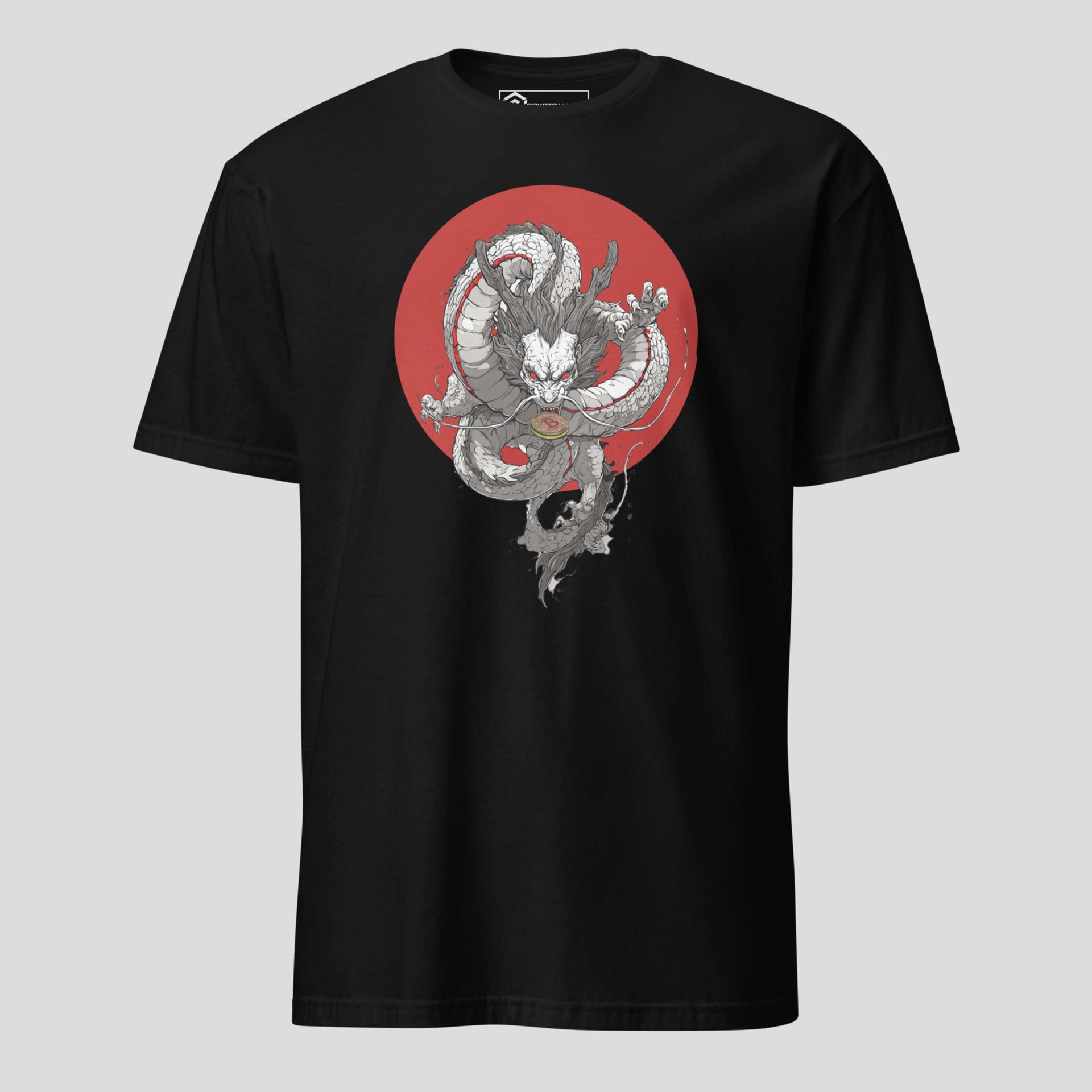Bitcoin dragon t-shirt with Japanese inspired crypto artwork on black fabric
