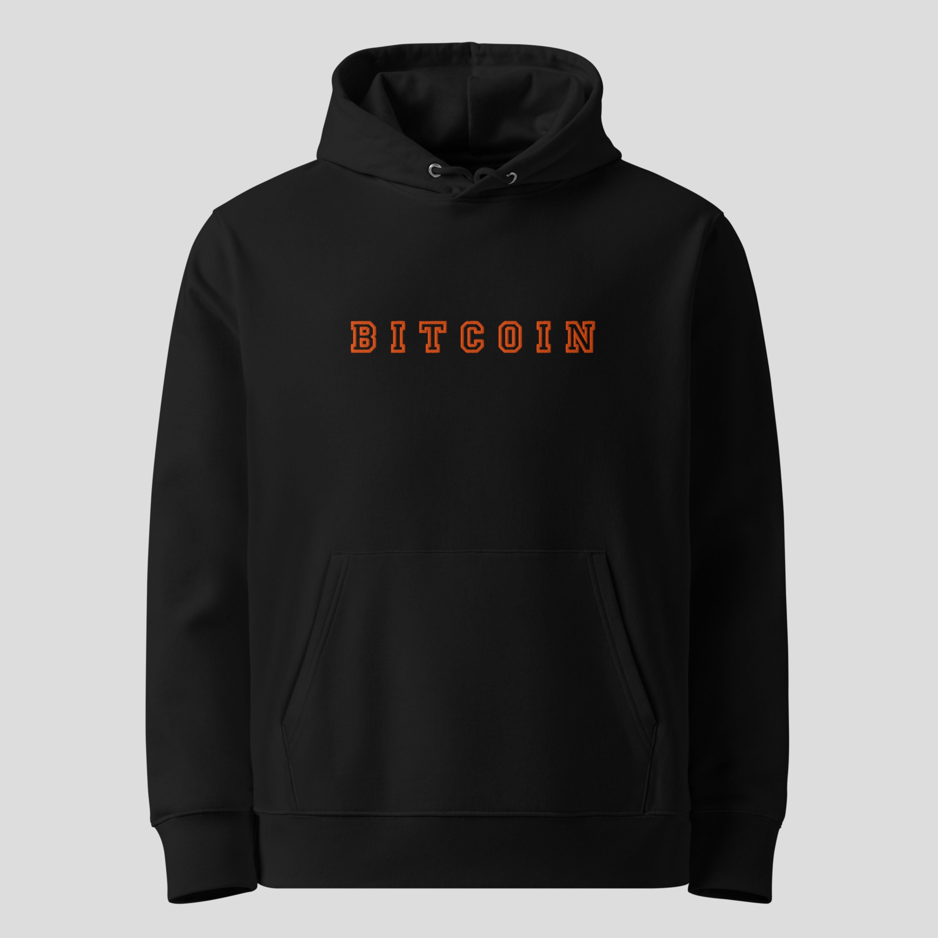 black bitcoin embroidered hoodie crypto streetwear front view