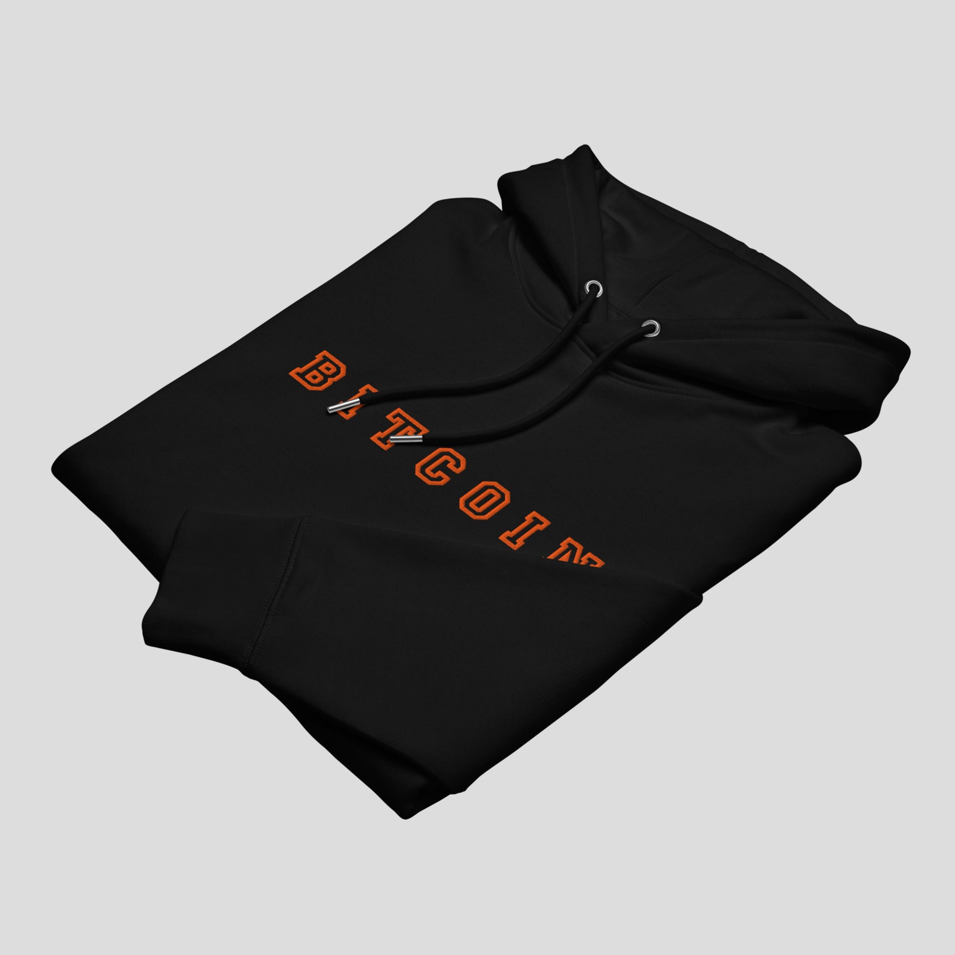 bitcoin embroidered hoodie black folded premium crypto apparel
