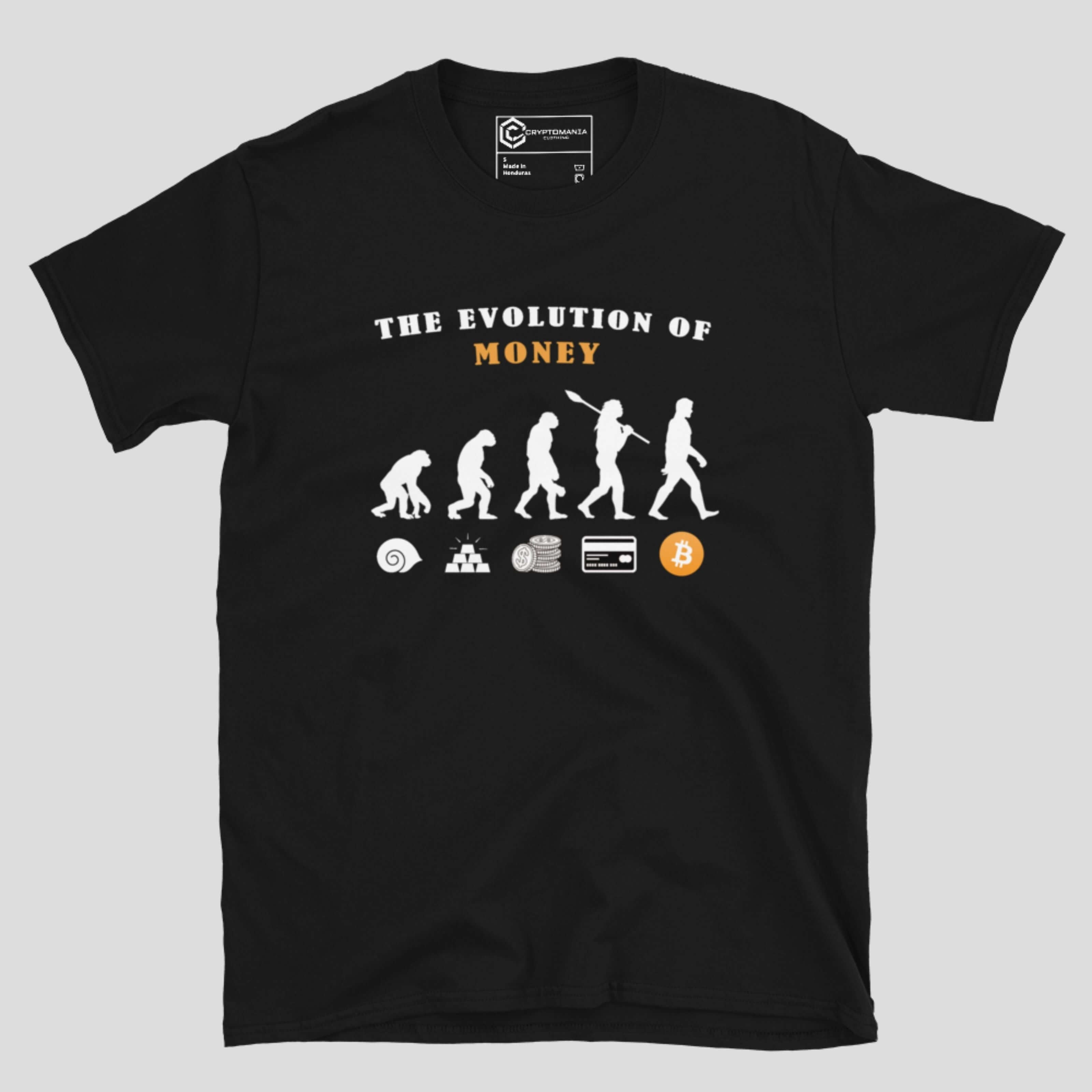 Crypto evolution t-shirt showing the journey from early trade to digital currency