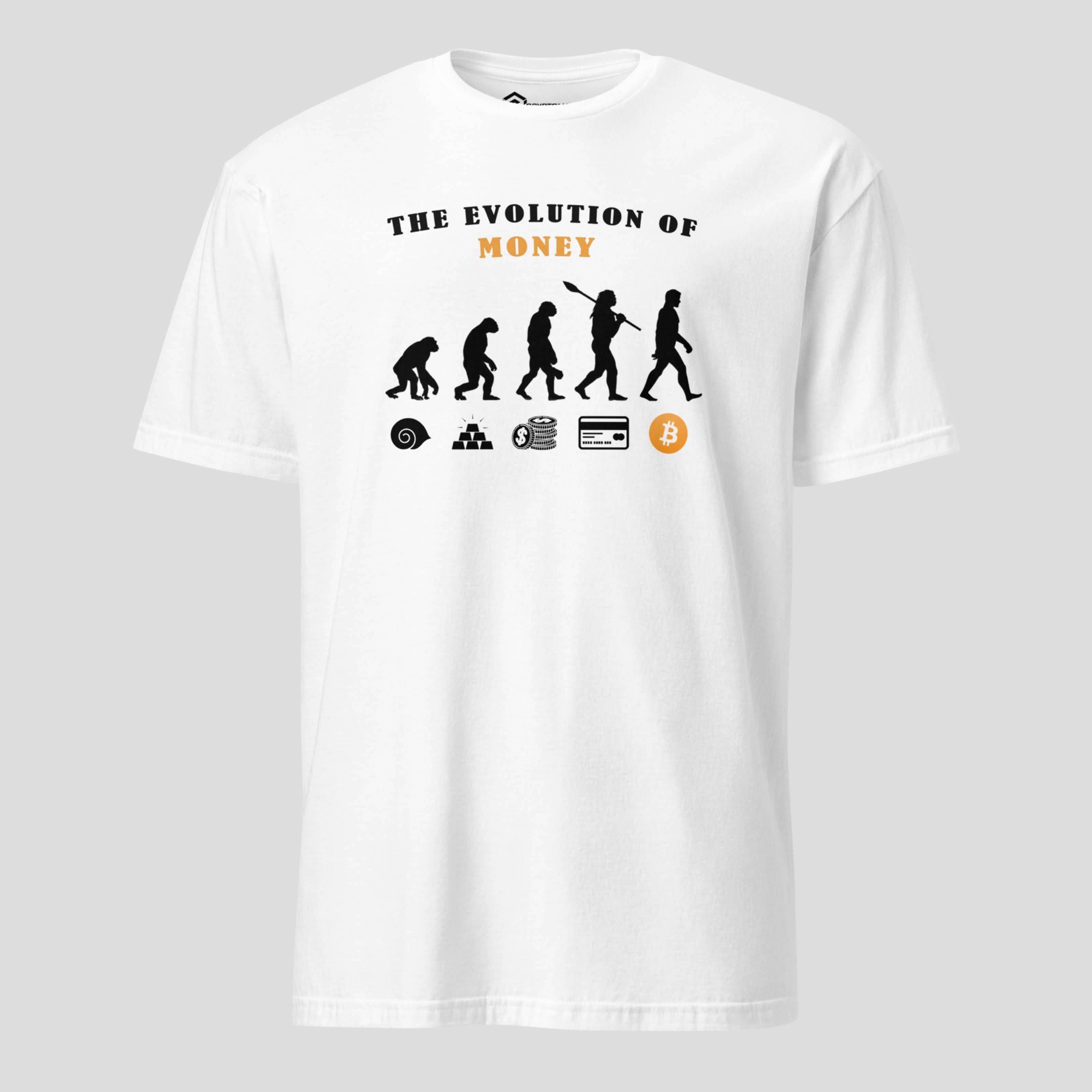 Bitcoin-inspired evolution of money t-shirt for crypto trading enthusiasts