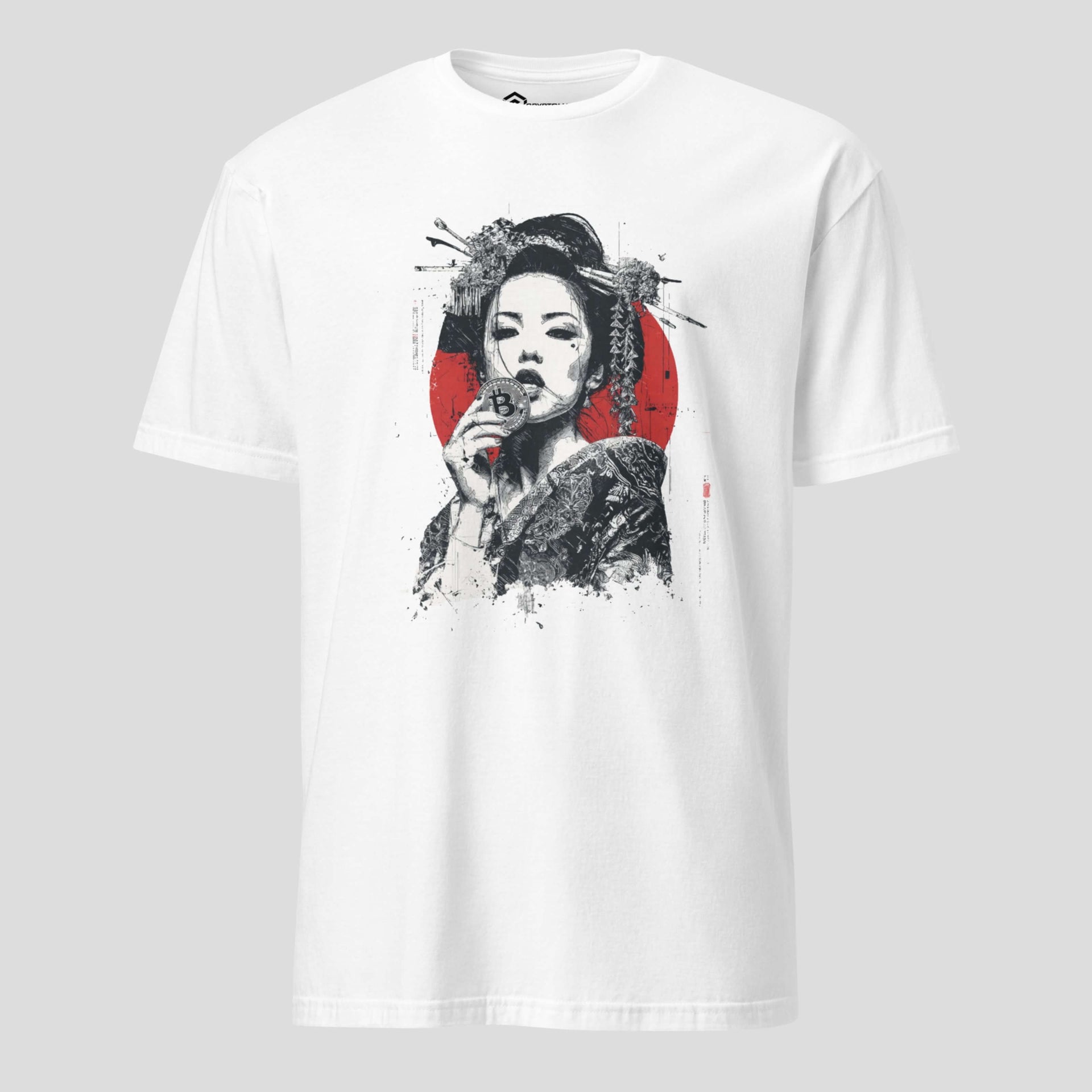 Minimalist Bitcoin geisha illustration on streetwear t-shirt