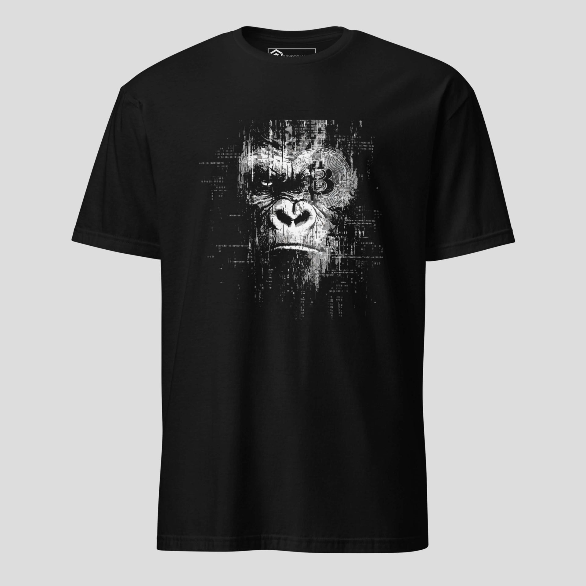 Black bitcoin gorilla glitch t-shirt with digital crypto streetwear design