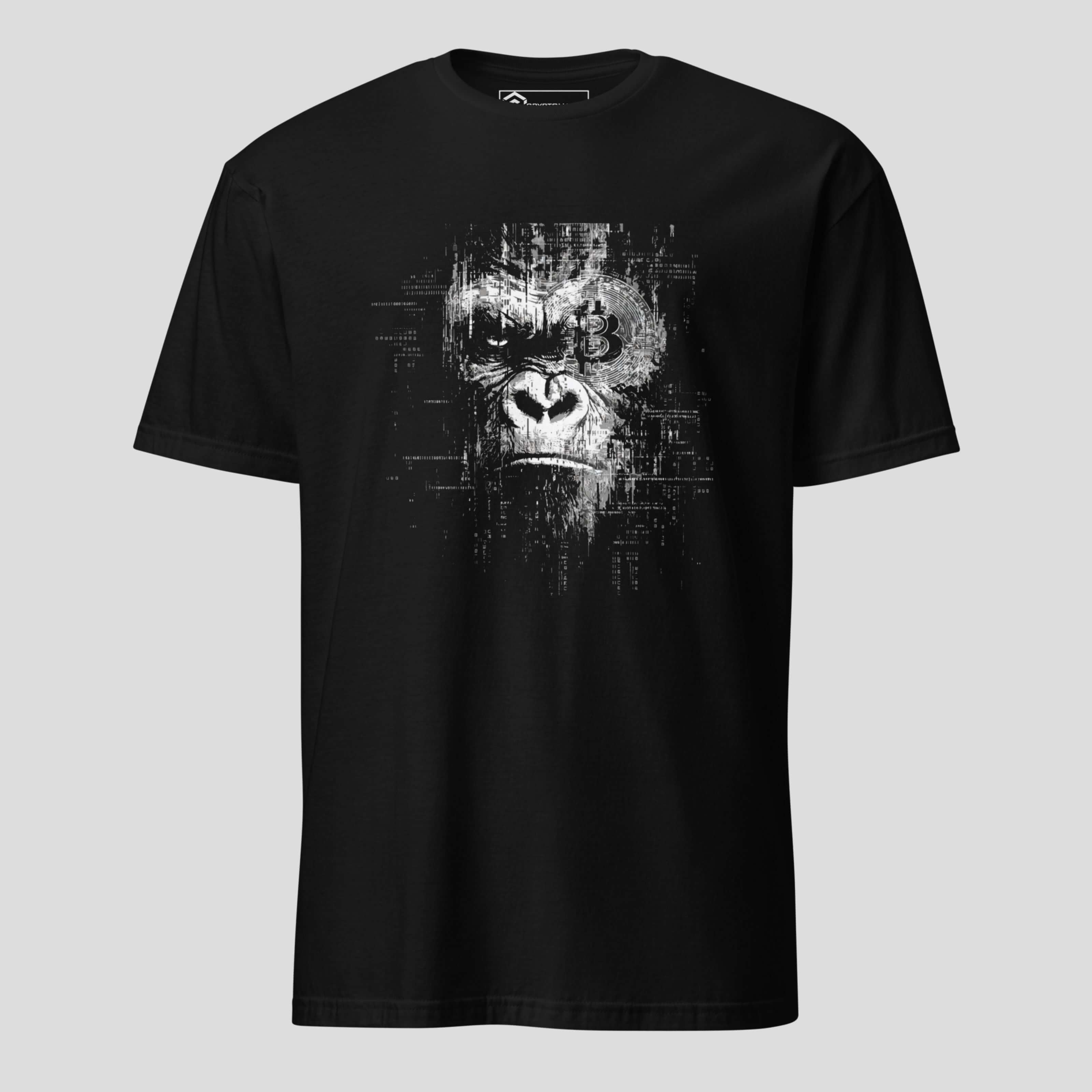 Black bitcoin gorilla glitch t-shirt with digital crypto streetwear design