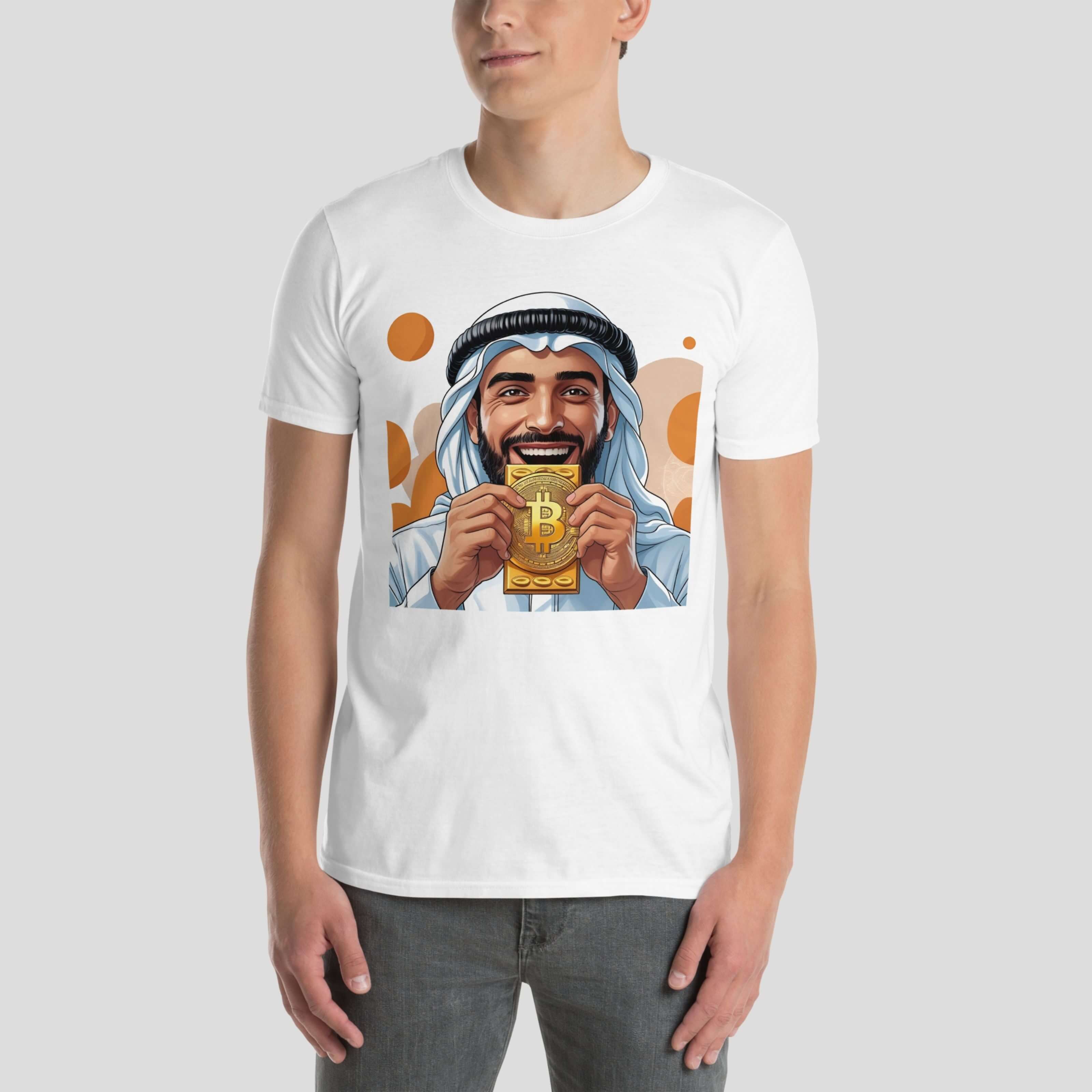 Model wearing white Bitcoin Habibi crypto t-shirt