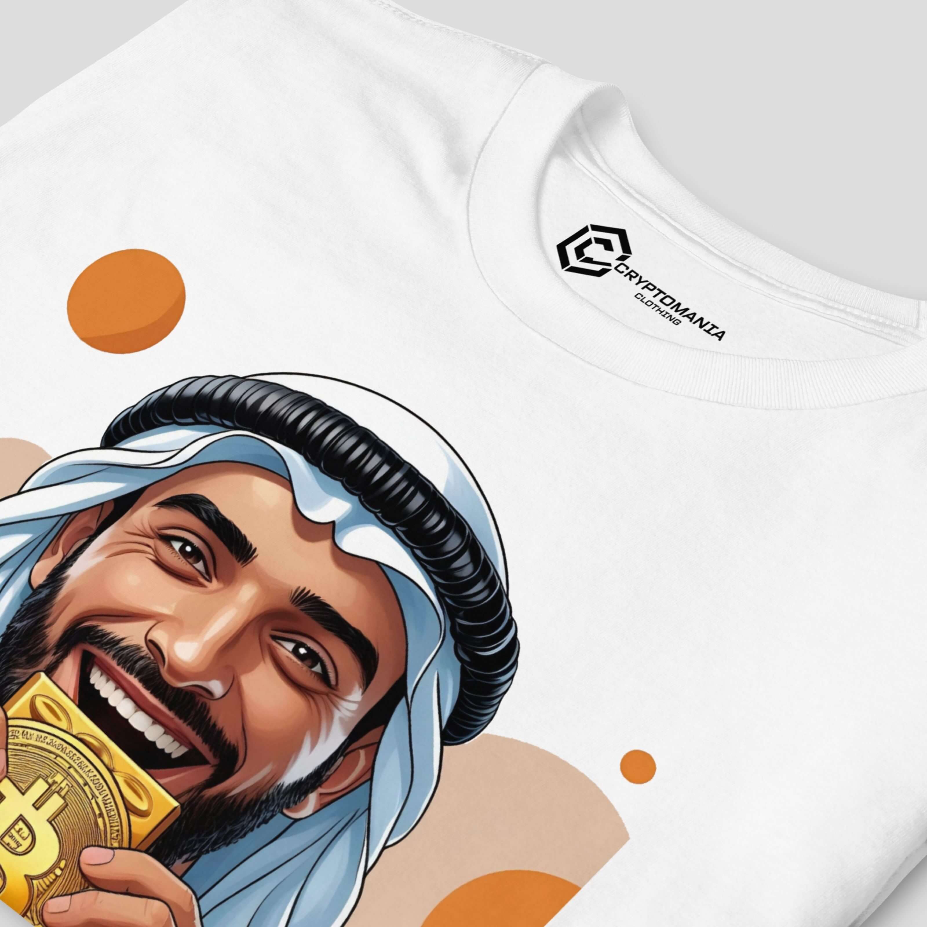 Close-up of Bitcoin Habibi Bitcoin illustration on white fabric