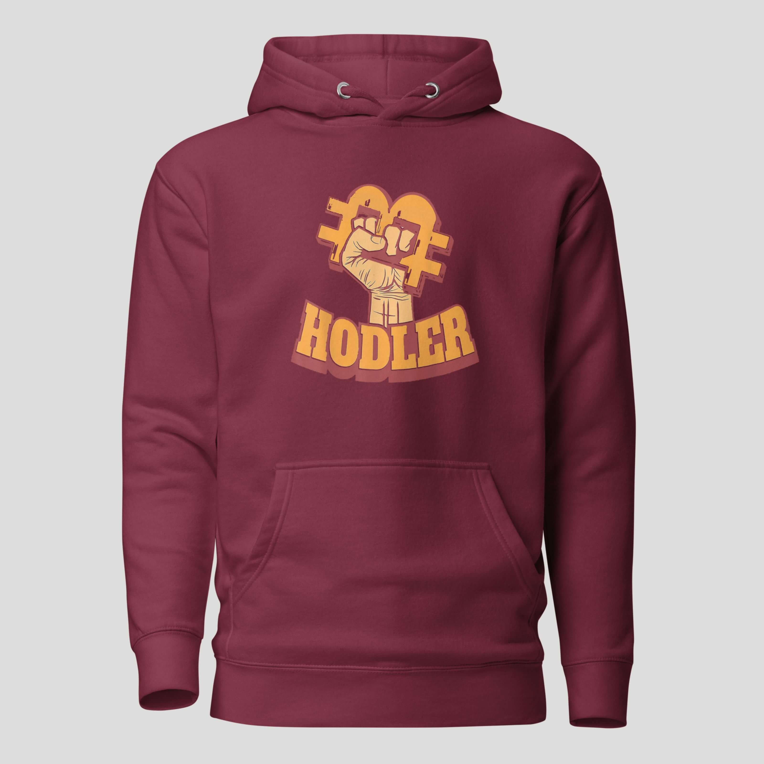 Maroon hoodie with a fist graphic and 'HODLER' text on a light gray background