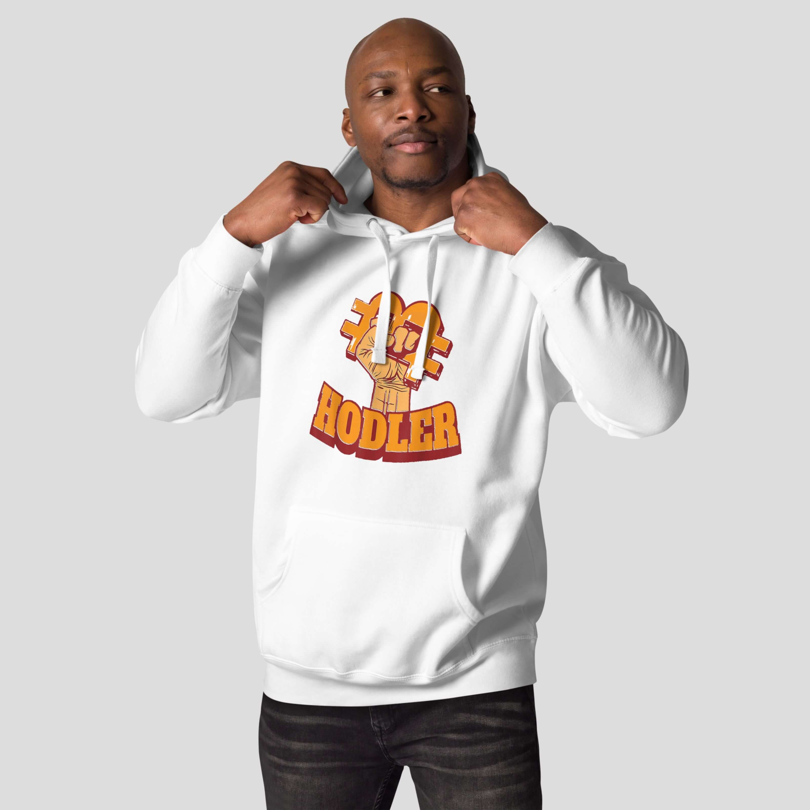Man wearing a white hoodie with a colorful graphic design "Bitcoin Hodler" on a plain background