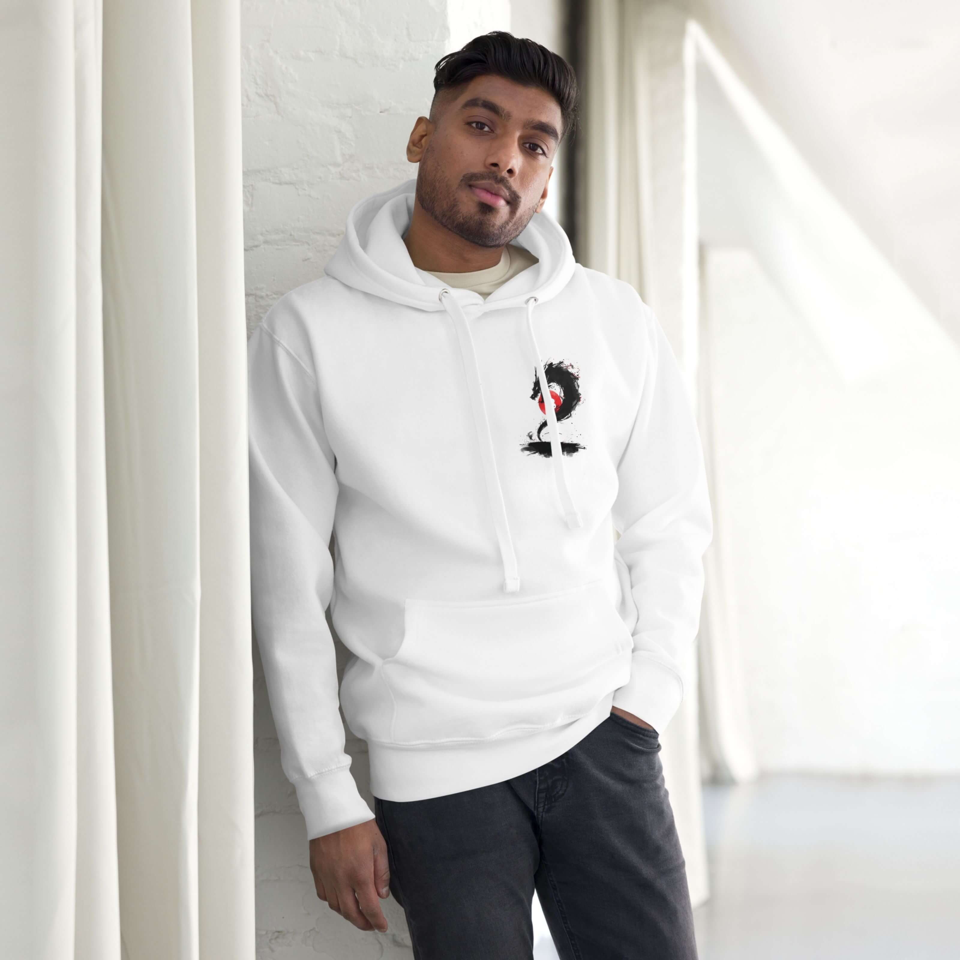 Male model posing wearing a white bitcoin hoodie japanese style design