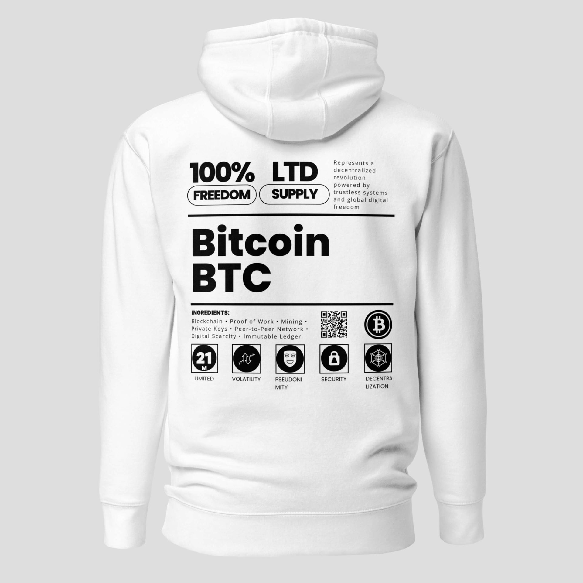 White bitcoin BTC limited supply freedom design crypto hoodie for traders and holders