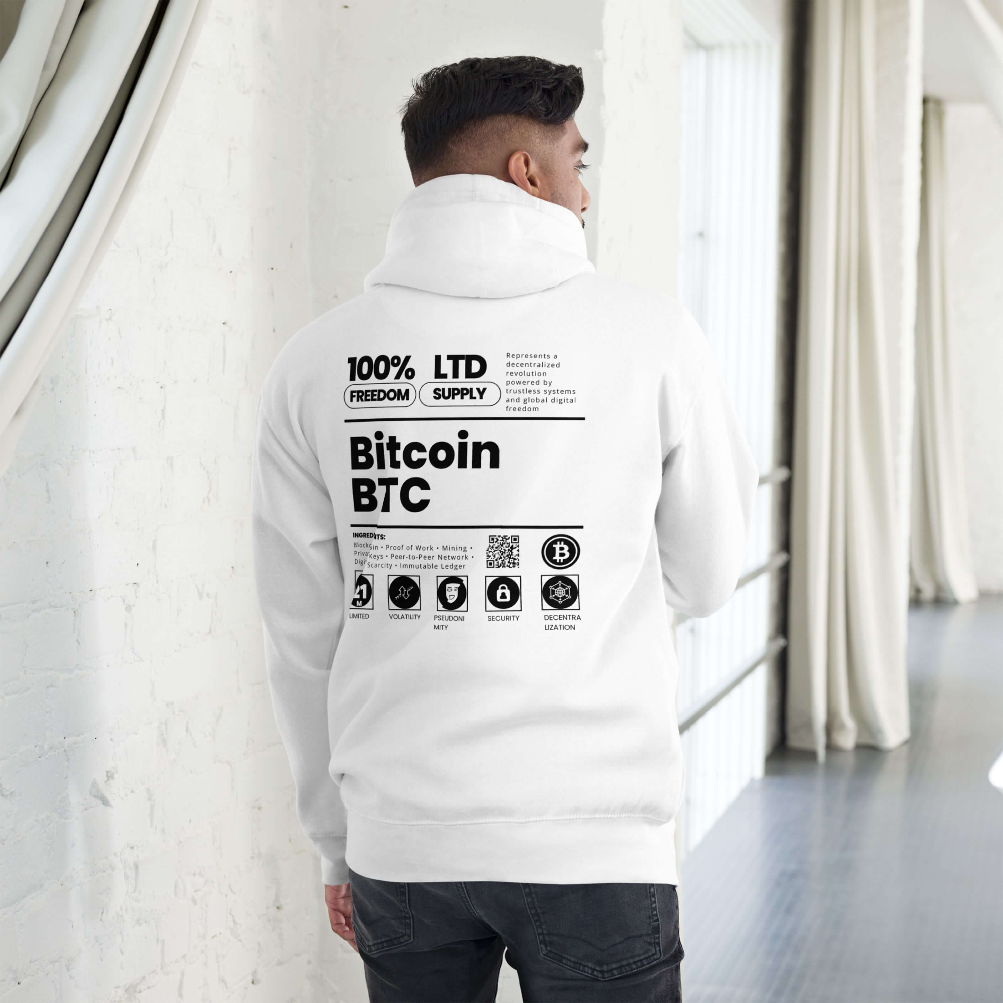 Back view of male model wearing a white bitcoin BTC limited supply freedom design crypto hoodie