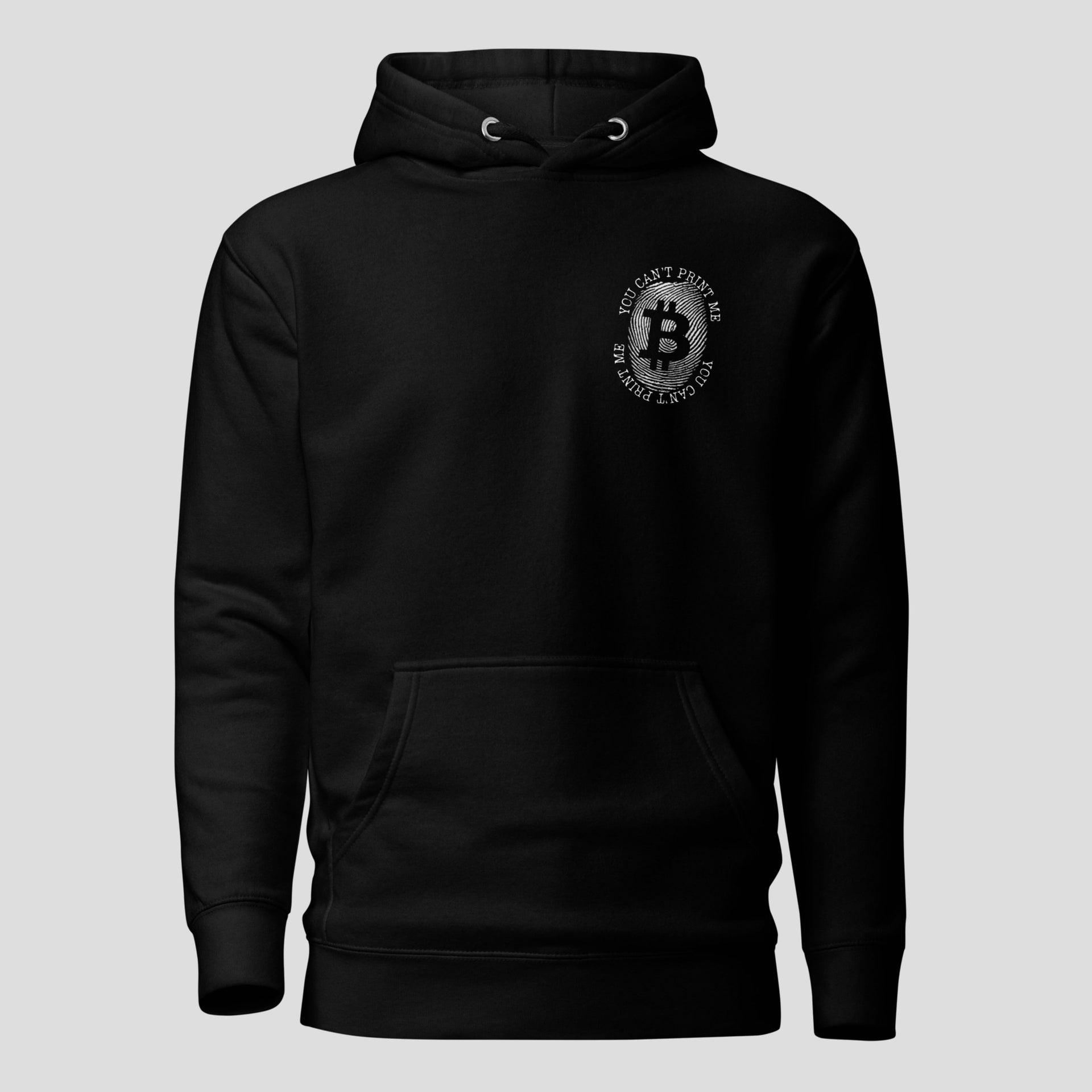 Black bitcoin BTC hoodie with minimal chest logo representing decentralization and limited supply principles