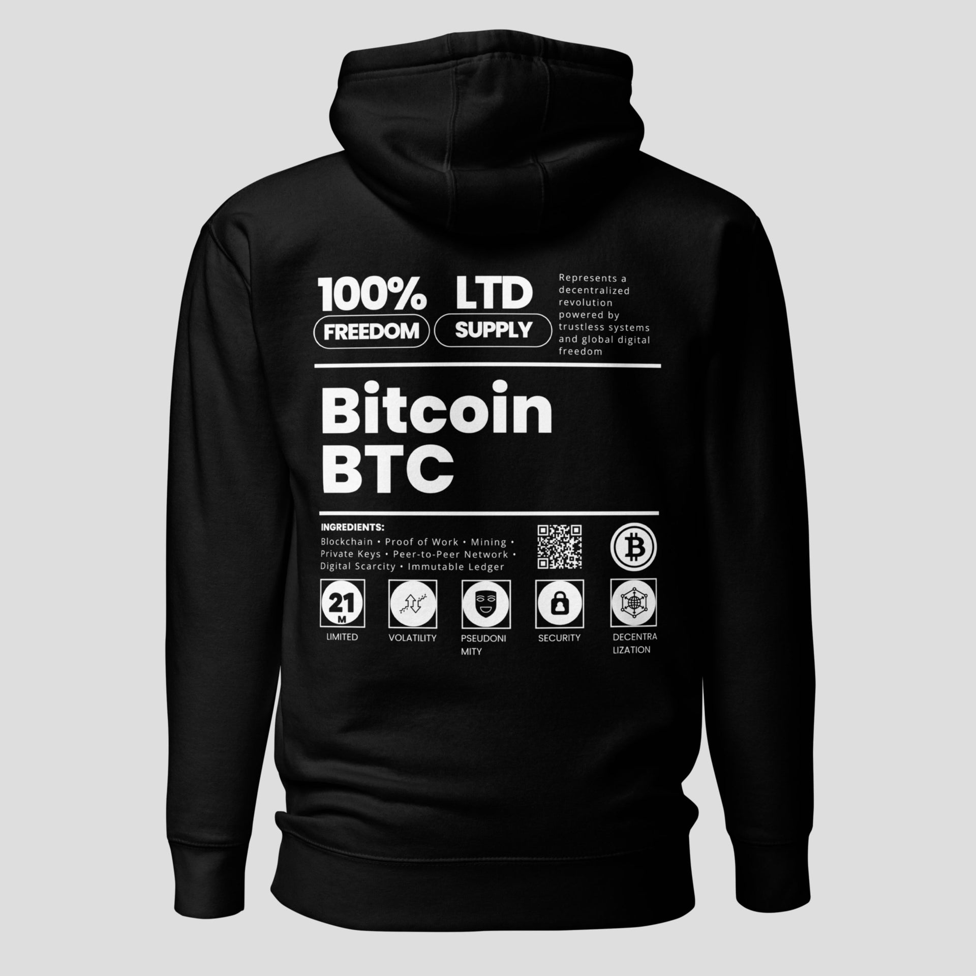 Black bitcoin BTC limited supply freedom design hoodie showing core principles of Bitcoin and crypto decentralization