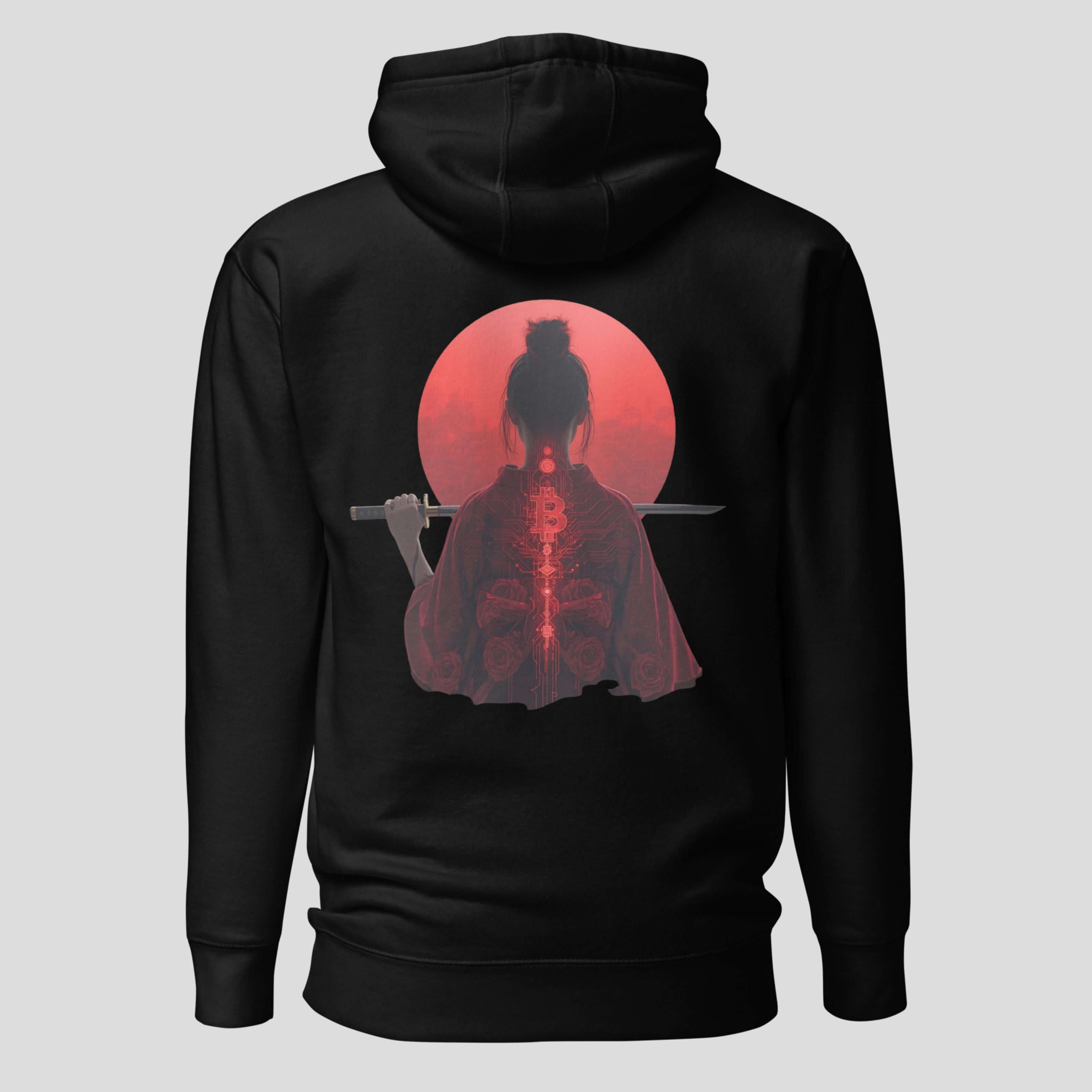 Geisha bitcoin hoodie back print Japanese red sun crypto design
