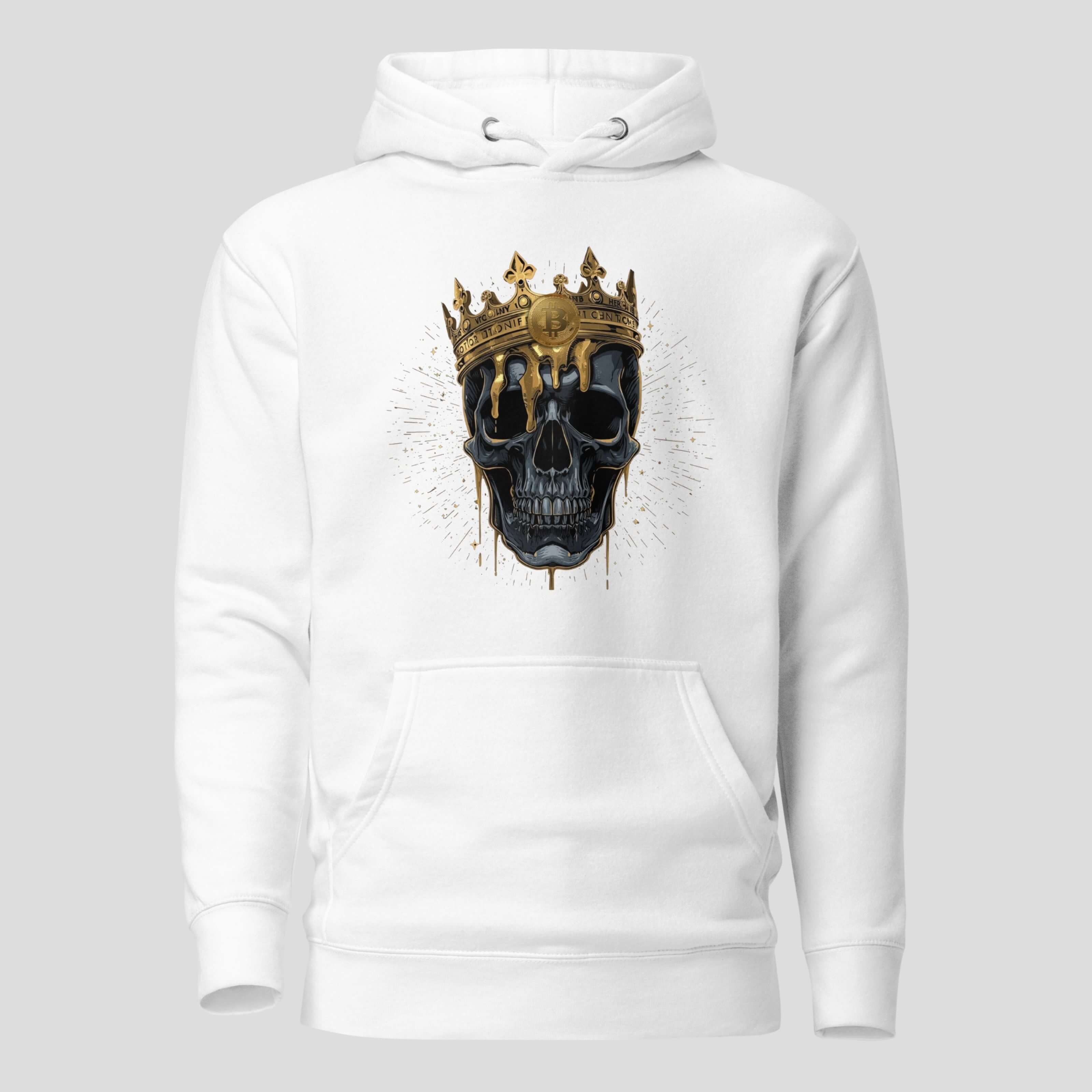 White bitcoin skull king crown hoodie with gold melting crown symbolizing BTC dominance and crypto maximalist streetwear