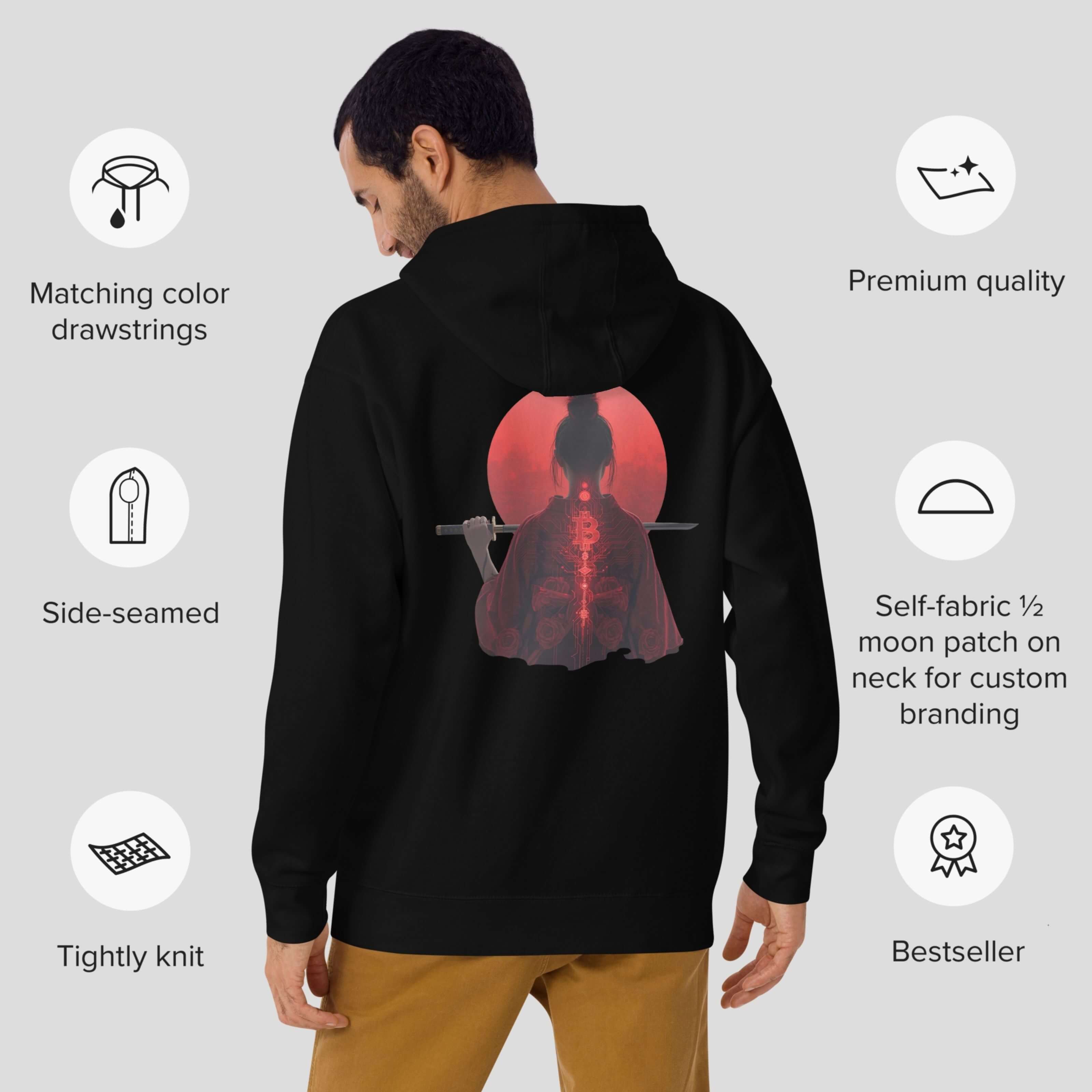 Back of a black bitcoin hoodie with a geisha with a japanese katana design