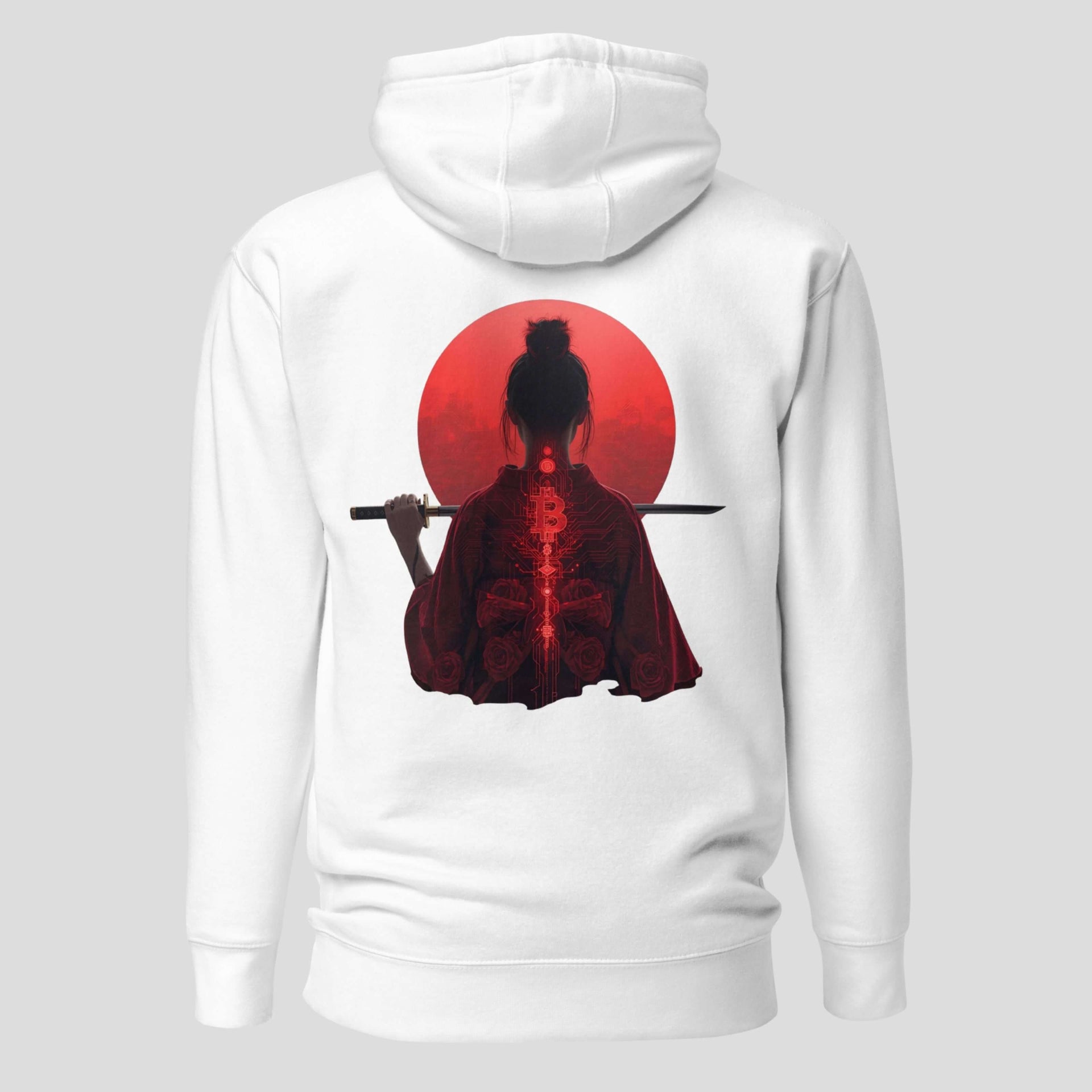 Bitcoin hoodie with Japanese Bitcoin text on front and samurai warrior back design