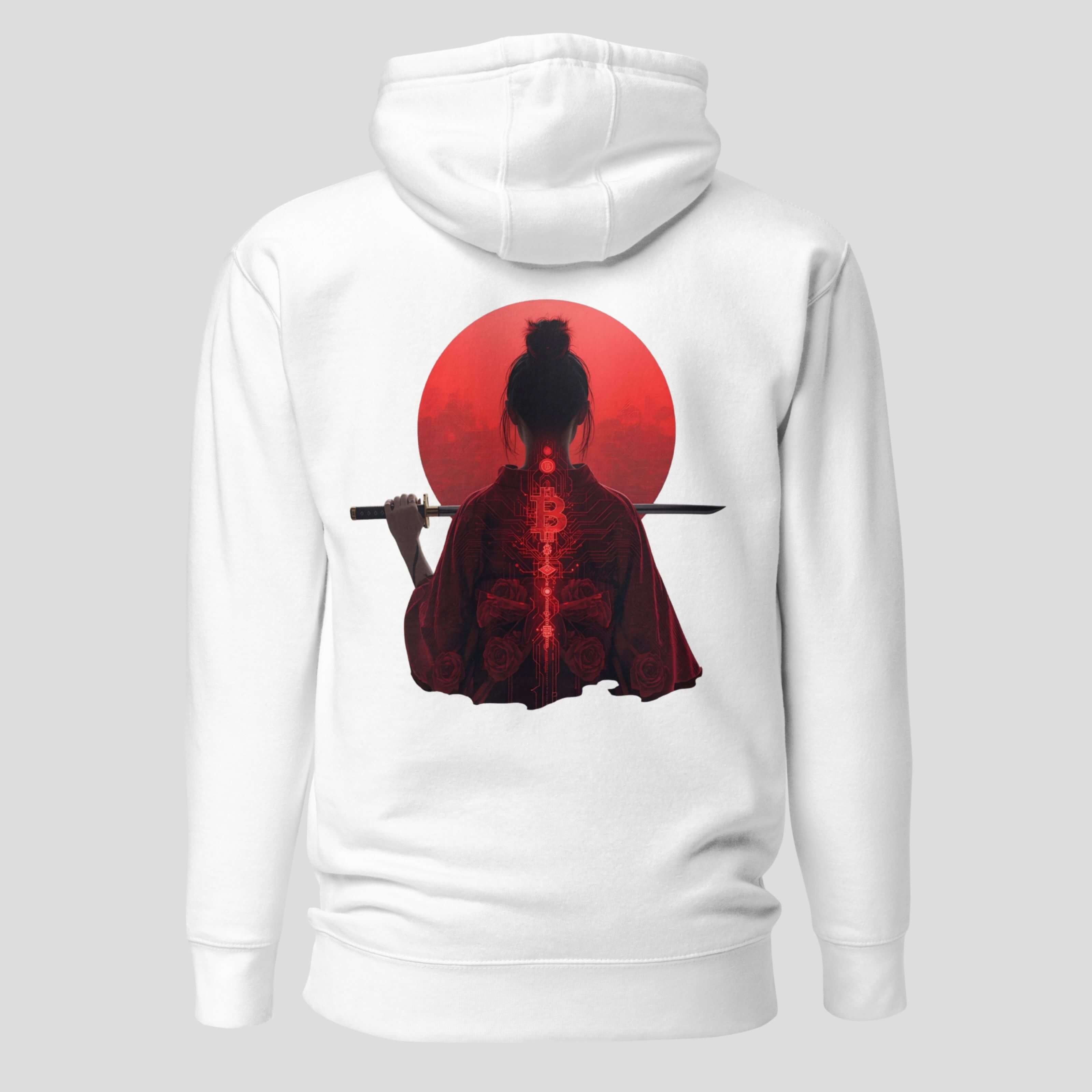 Bitcoin hoodie with Japanese Bitcoin text on front and samurai warrior back design