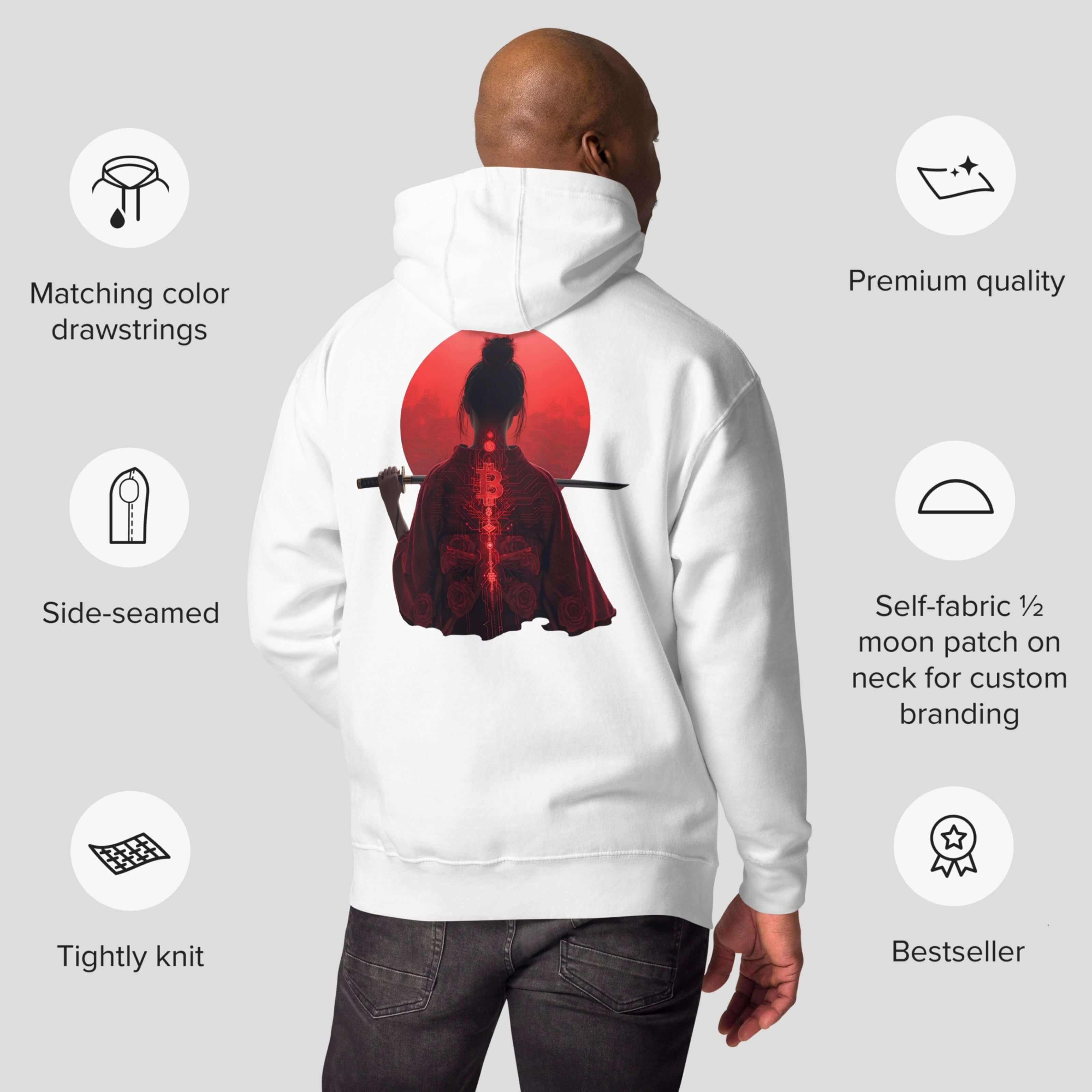 Minimal front Japanese Bitcoin text hoodie with red sun samurai back print