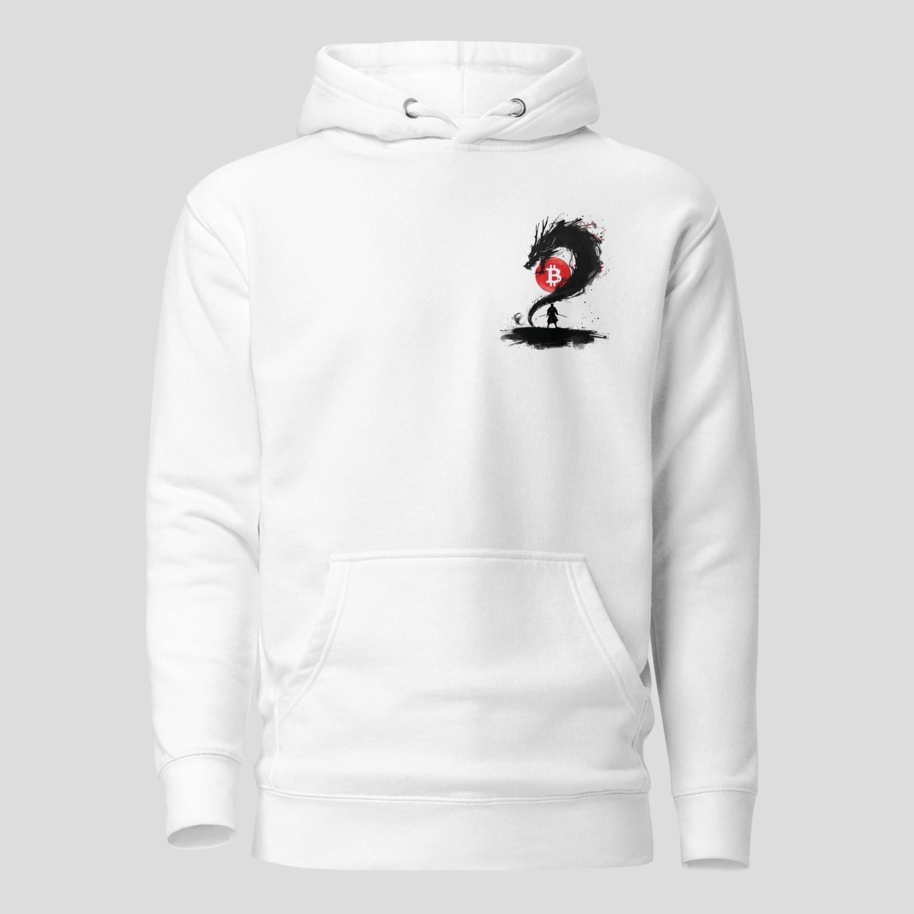 Samurai silhouette hoodie with red sun and sword bitcoin inspired crypto warrior design