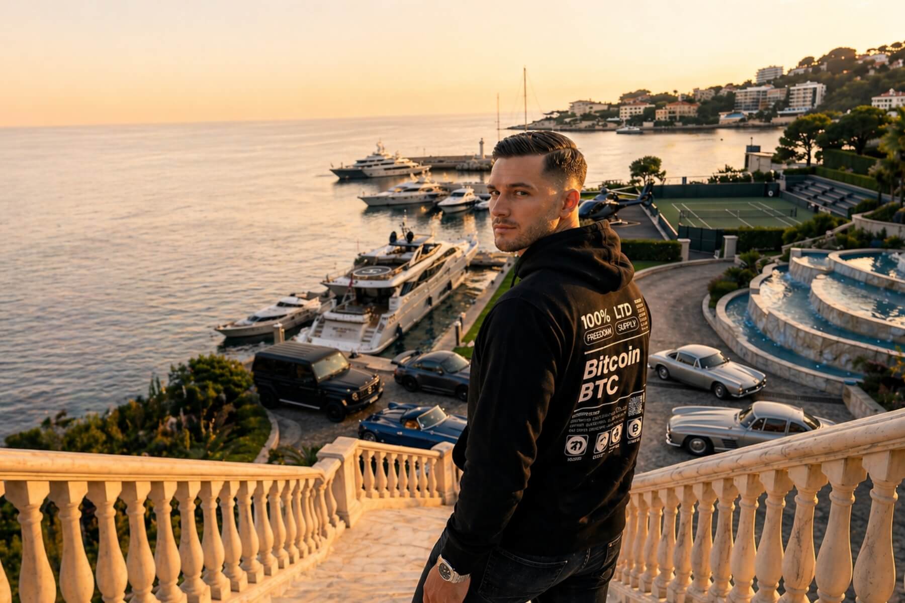 Premium bitcoin hoodie lifestyle shot overlooking luxury marina, crypto streetwear for traders and investors
