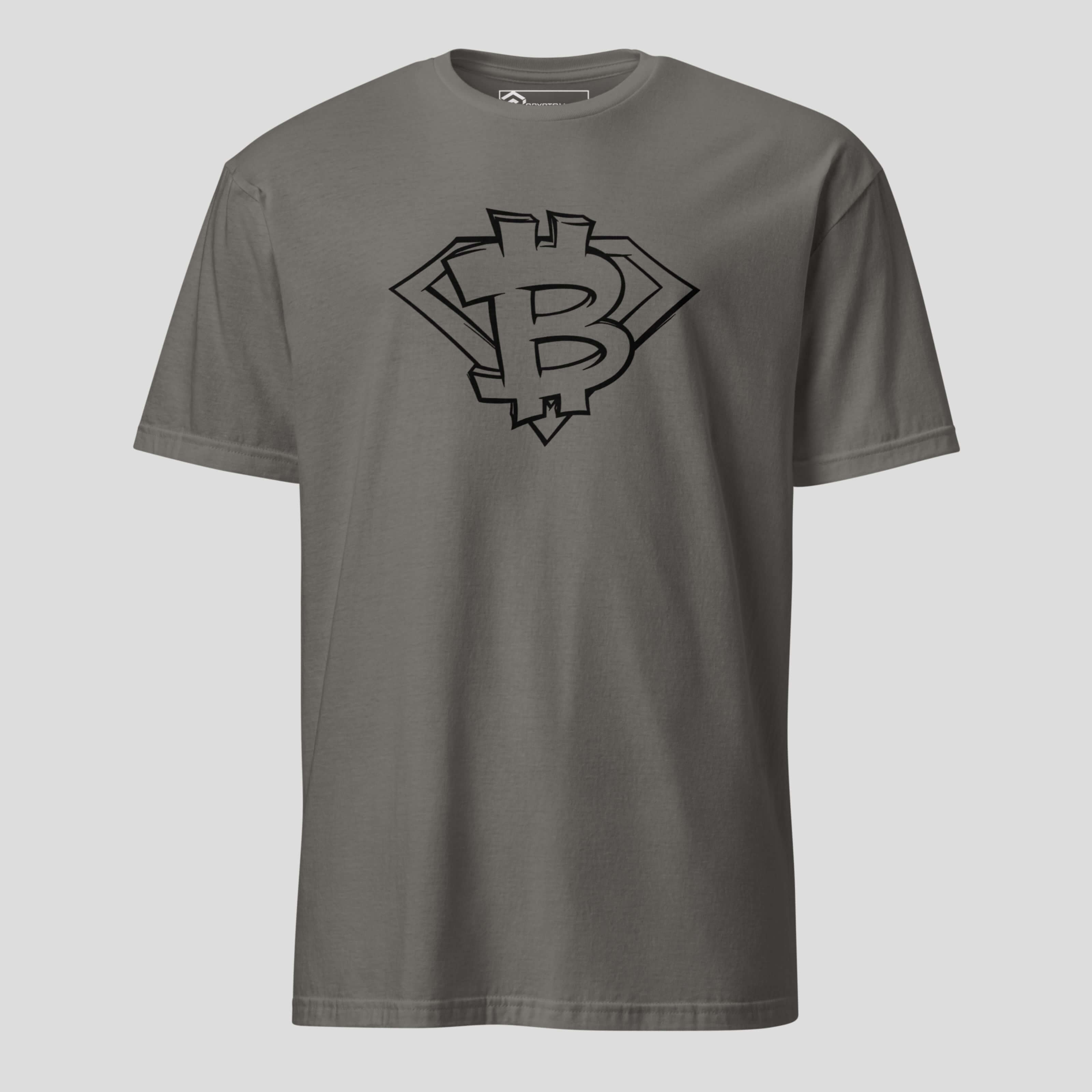 Minimal bitcoin inspired emblem t-shirt with clean geometric crypto design