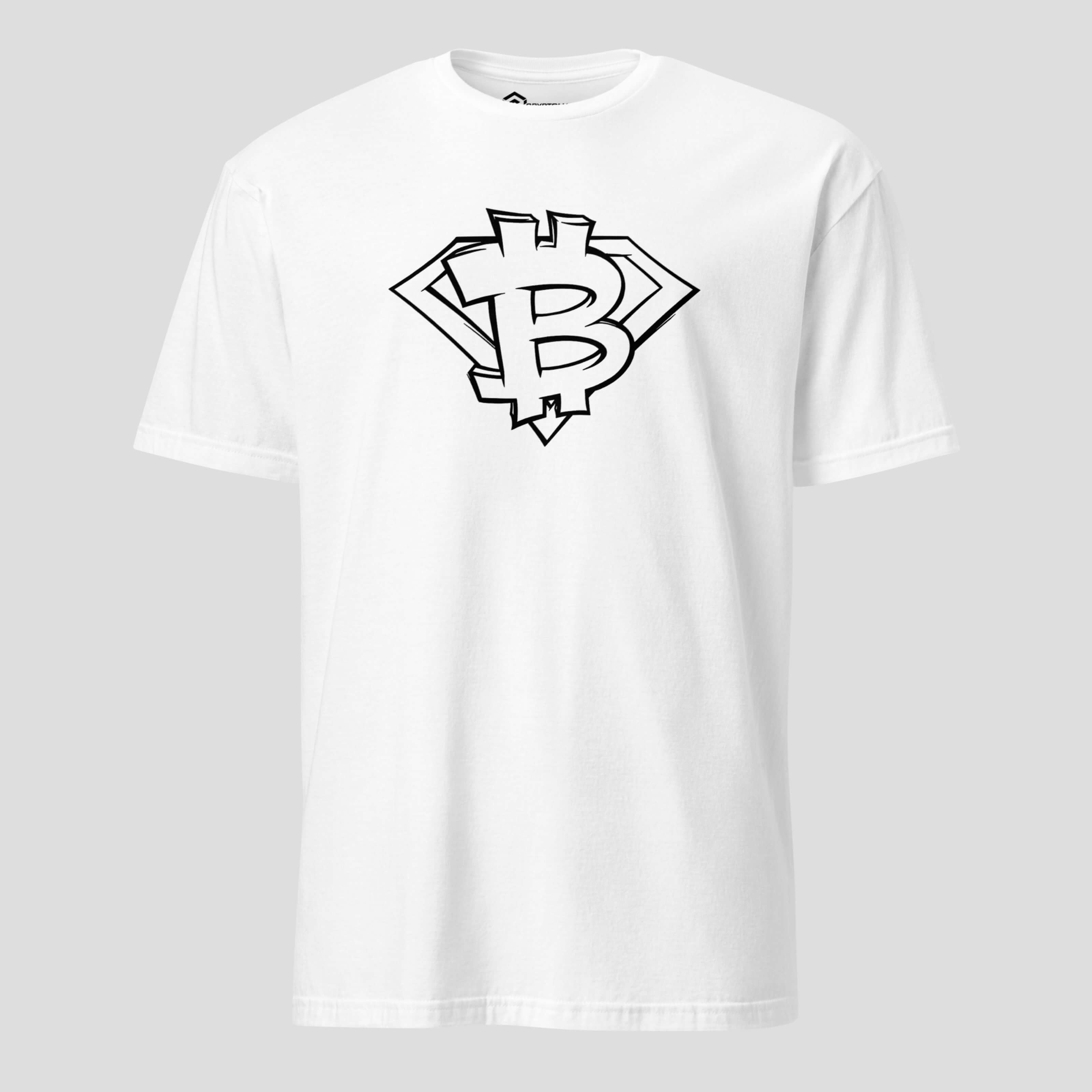 Crypto streetwear t-shirt featuring a stylized bitcoin inspired emblem
