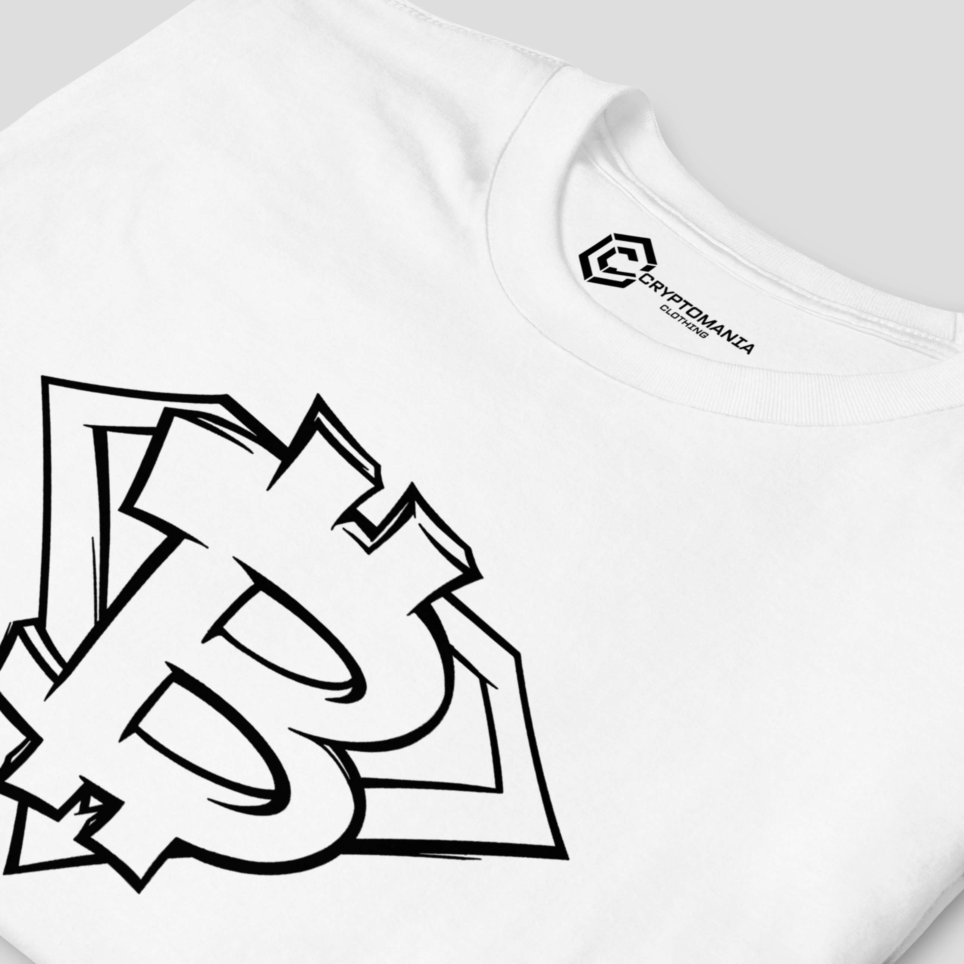 White t-shirt with black bitcoin inspired emblem graphic design
