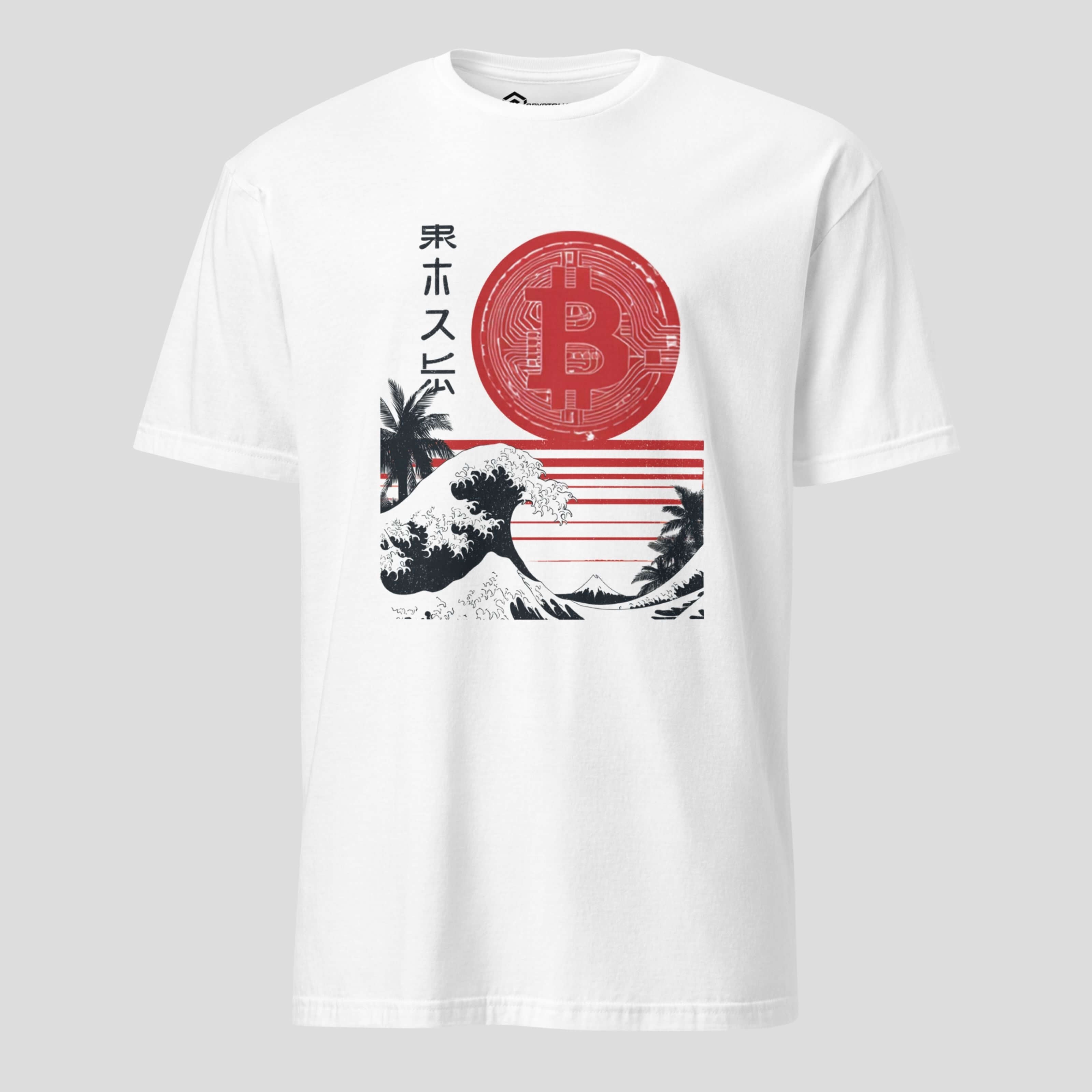 White Bitcoin inspired Japanese wave t-shirt with red crypto sun artwork
