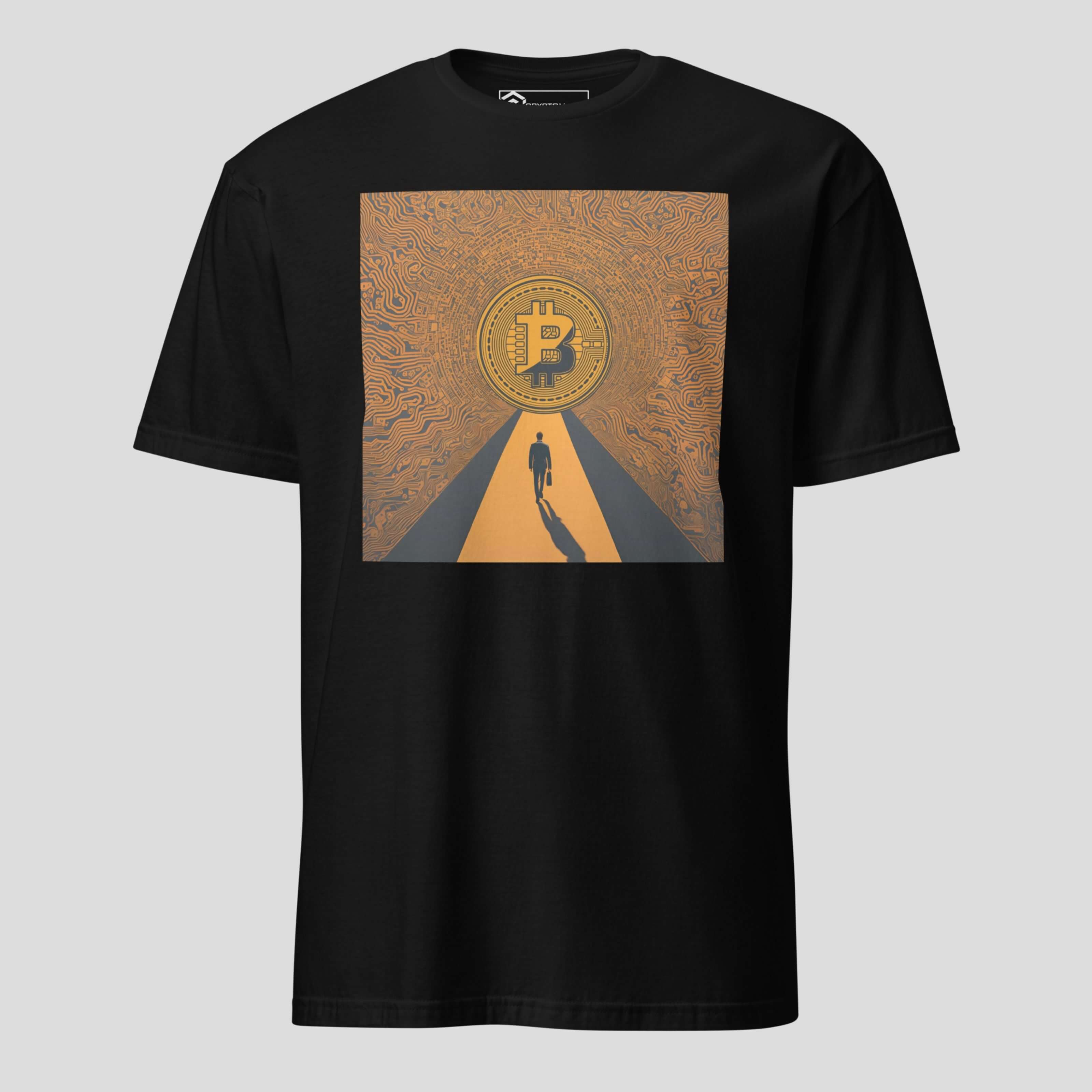 Black bitcoin journey t-shirt with symbolic crypto artwork